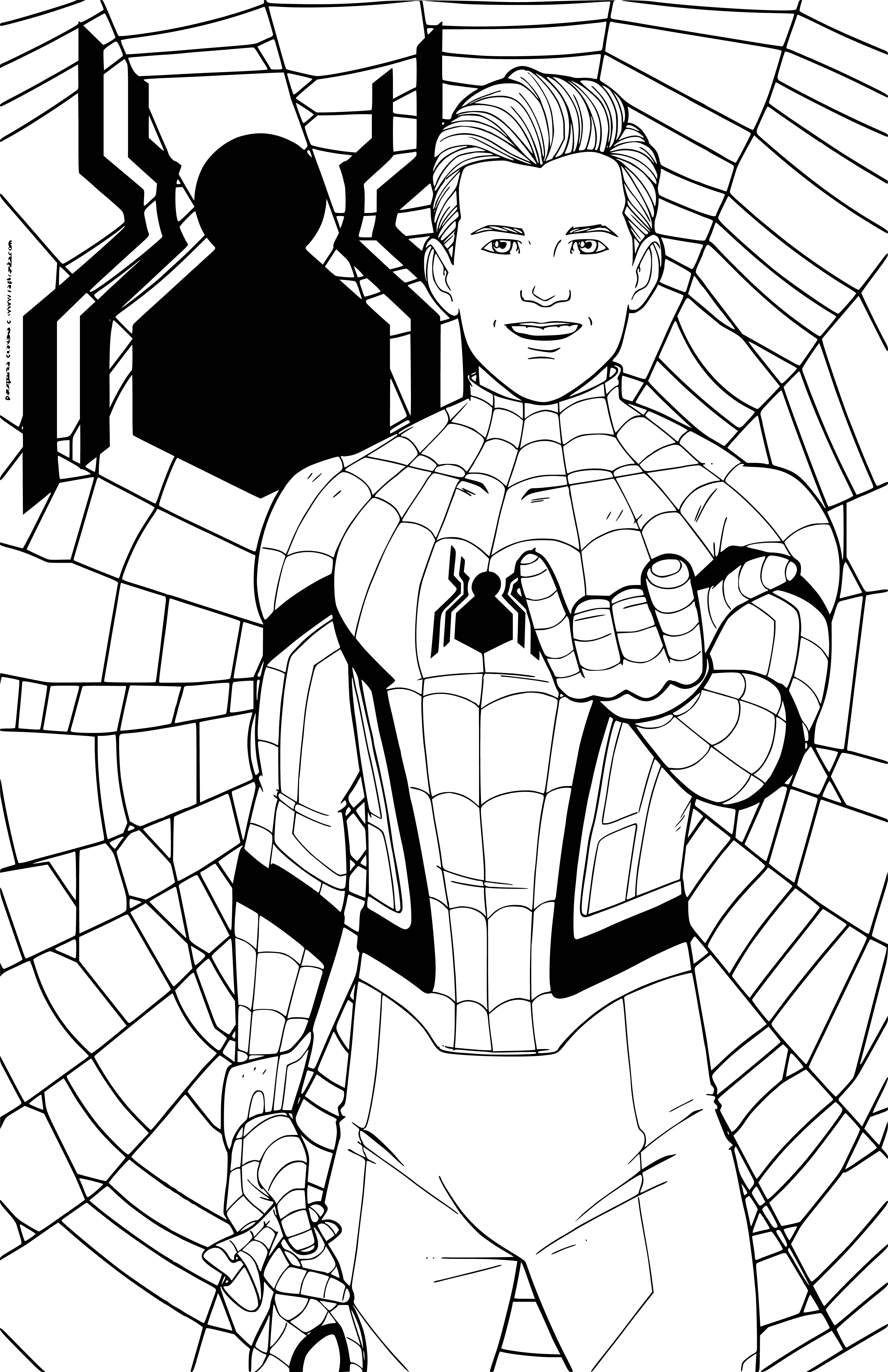 coloring page: Spiderman overviews the city in the night, holding a large spider and spider spray. His red-blue costume and webbed cape flutter in the wind.