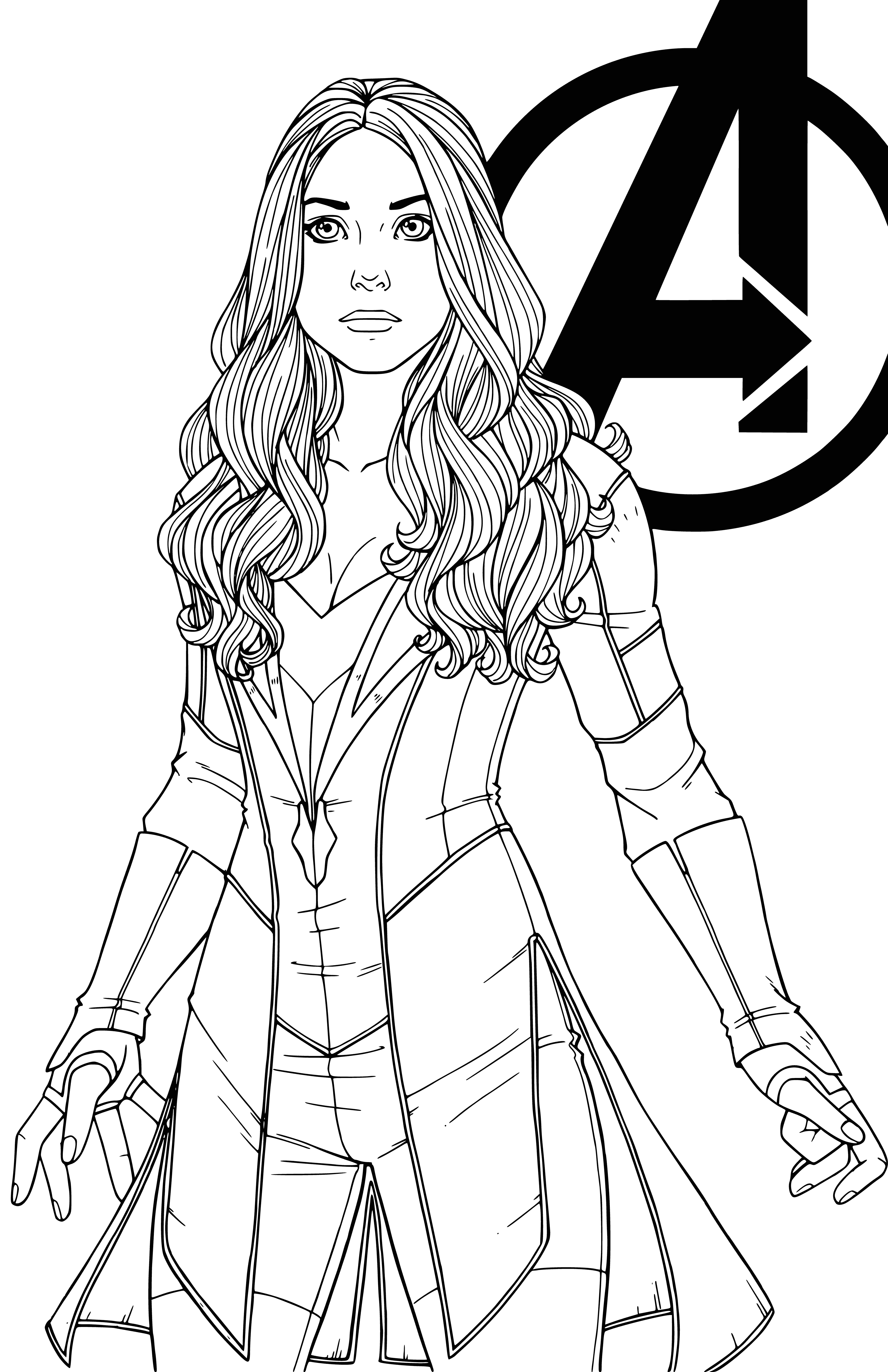 coloring page: Red Witch: Skilled superhero who uses magic to fight crime & protect innocent. Brave & determined, always stands for justice, powerful & experienced.
