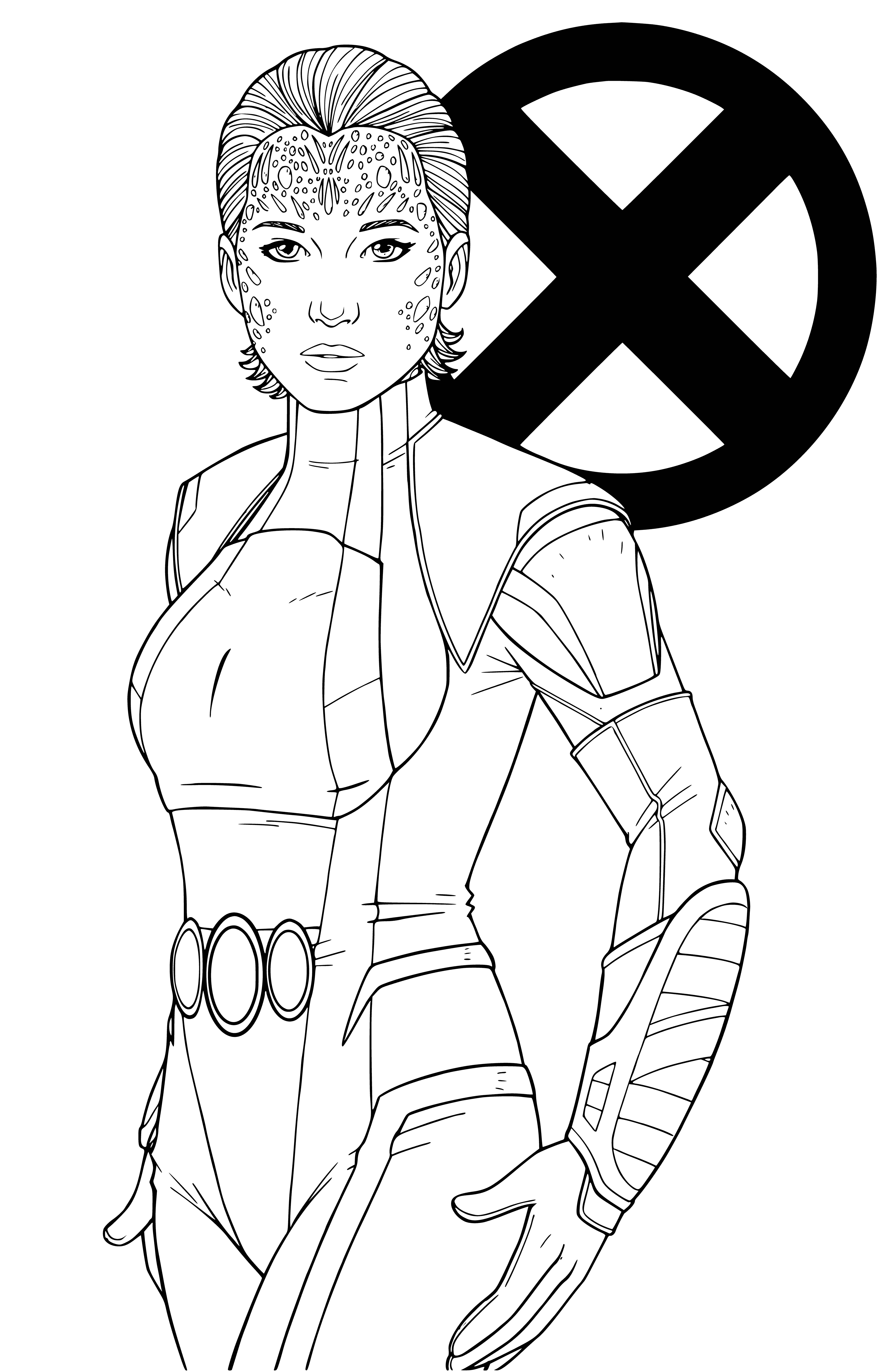 coloring page: Mystic is a powerful superhero who battles evil with her magic, martial arts and illusions. She has a distinctive dark blue costume featuring a gold cape and crescent moon symbol.
