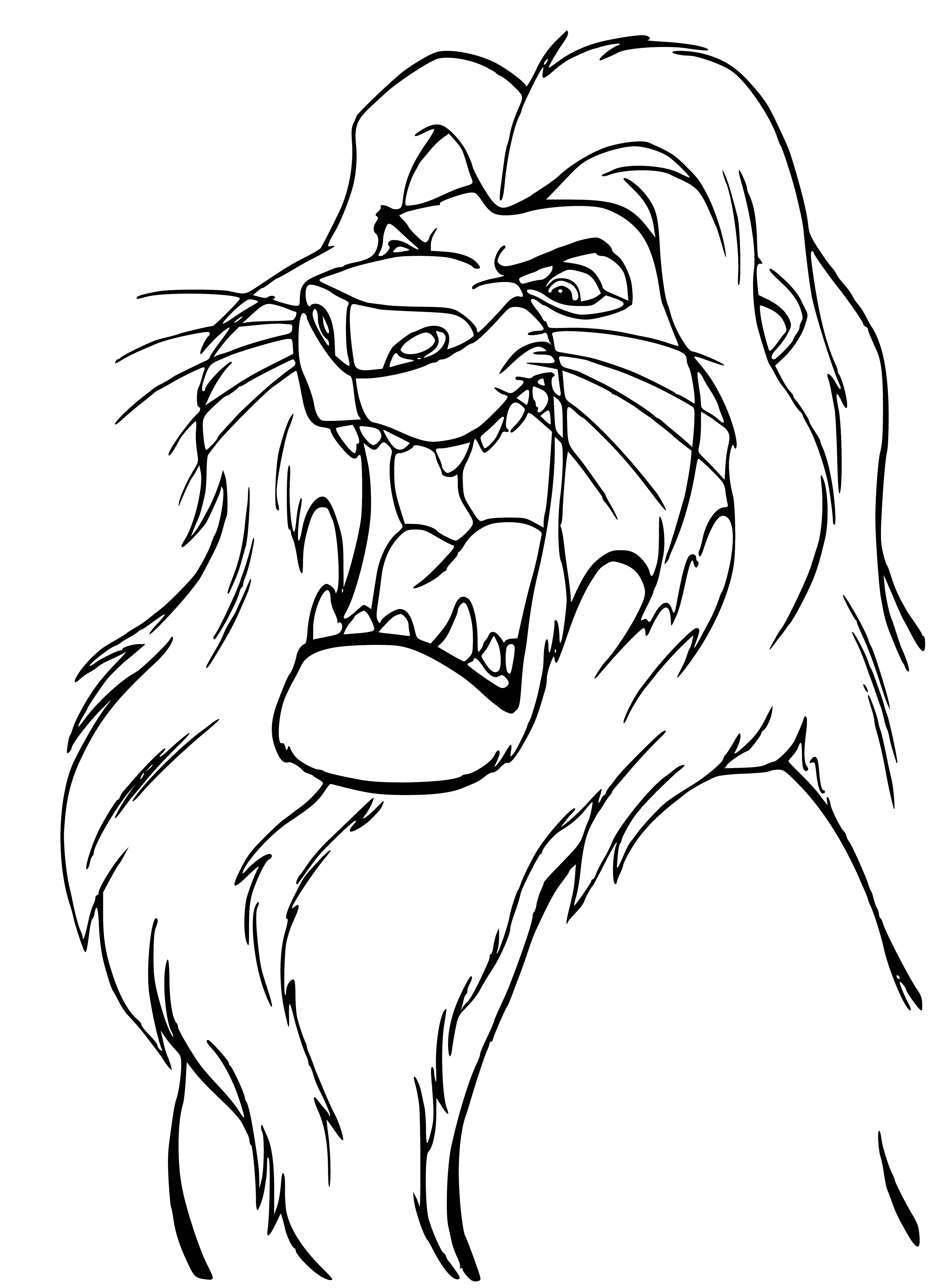coloring page: Lion basks in sunset on rocky Cliff, revealing large teeth and light brown mane blowing in the wind. #nature #coloring pagegraphy