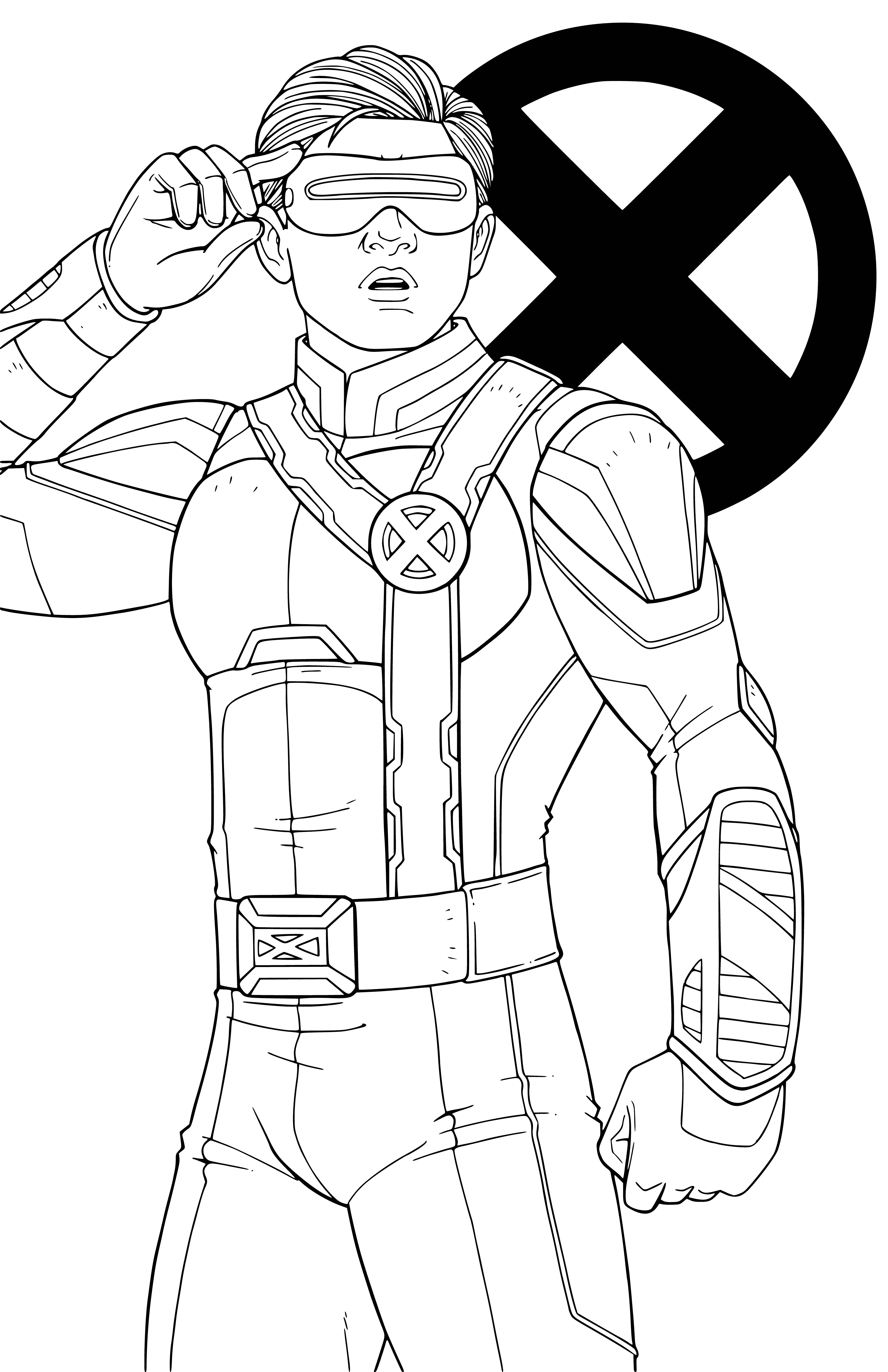 coloring page: Superhero in blue and yellow costume flying, red cape billowing, big "S" on chest, black eye looking to side.