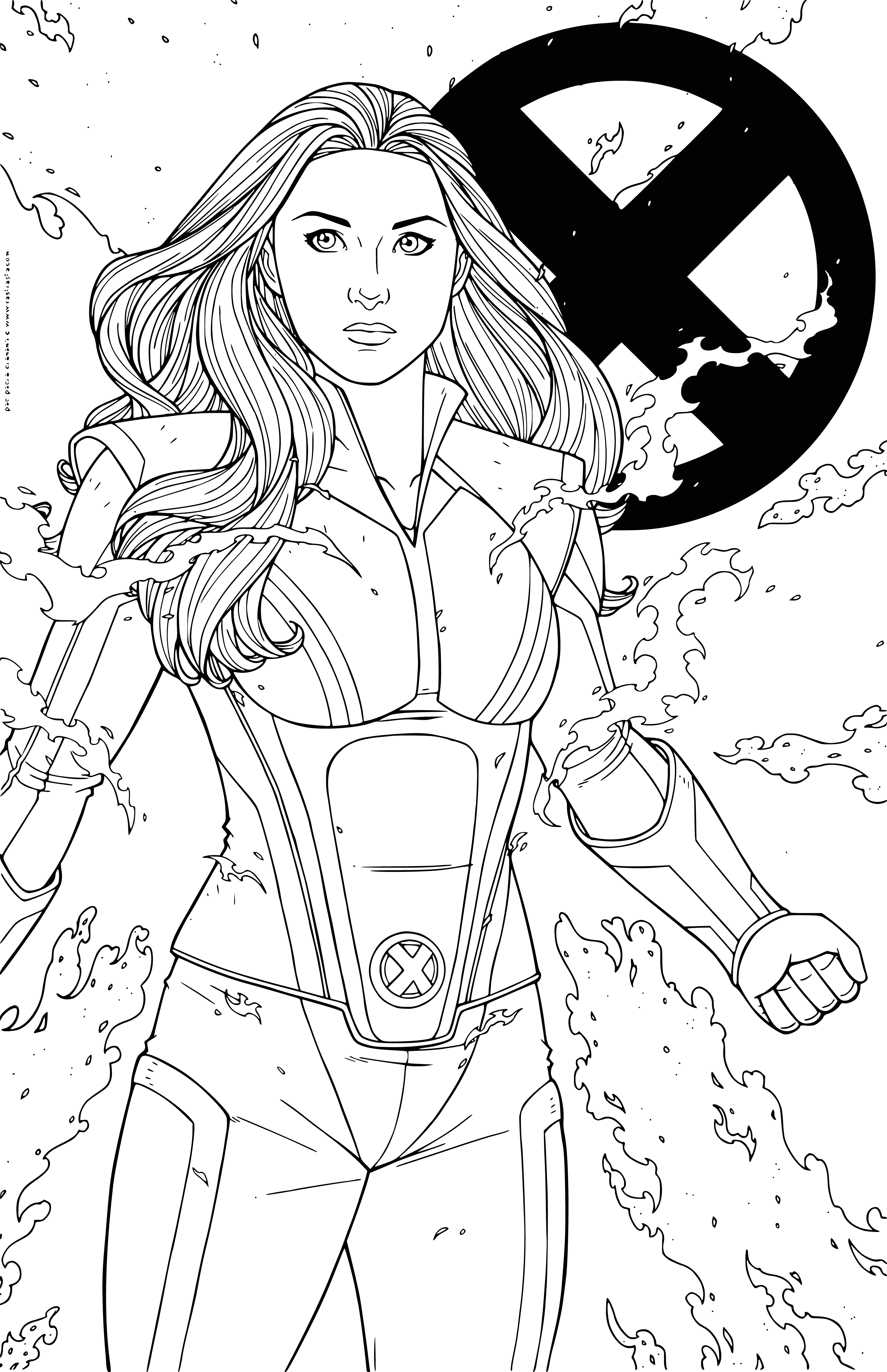 coloring page: Jean Grey: A powerful telekinetic/telepathic mutant & founding X-Man; compassionate & caring, looking out for others.