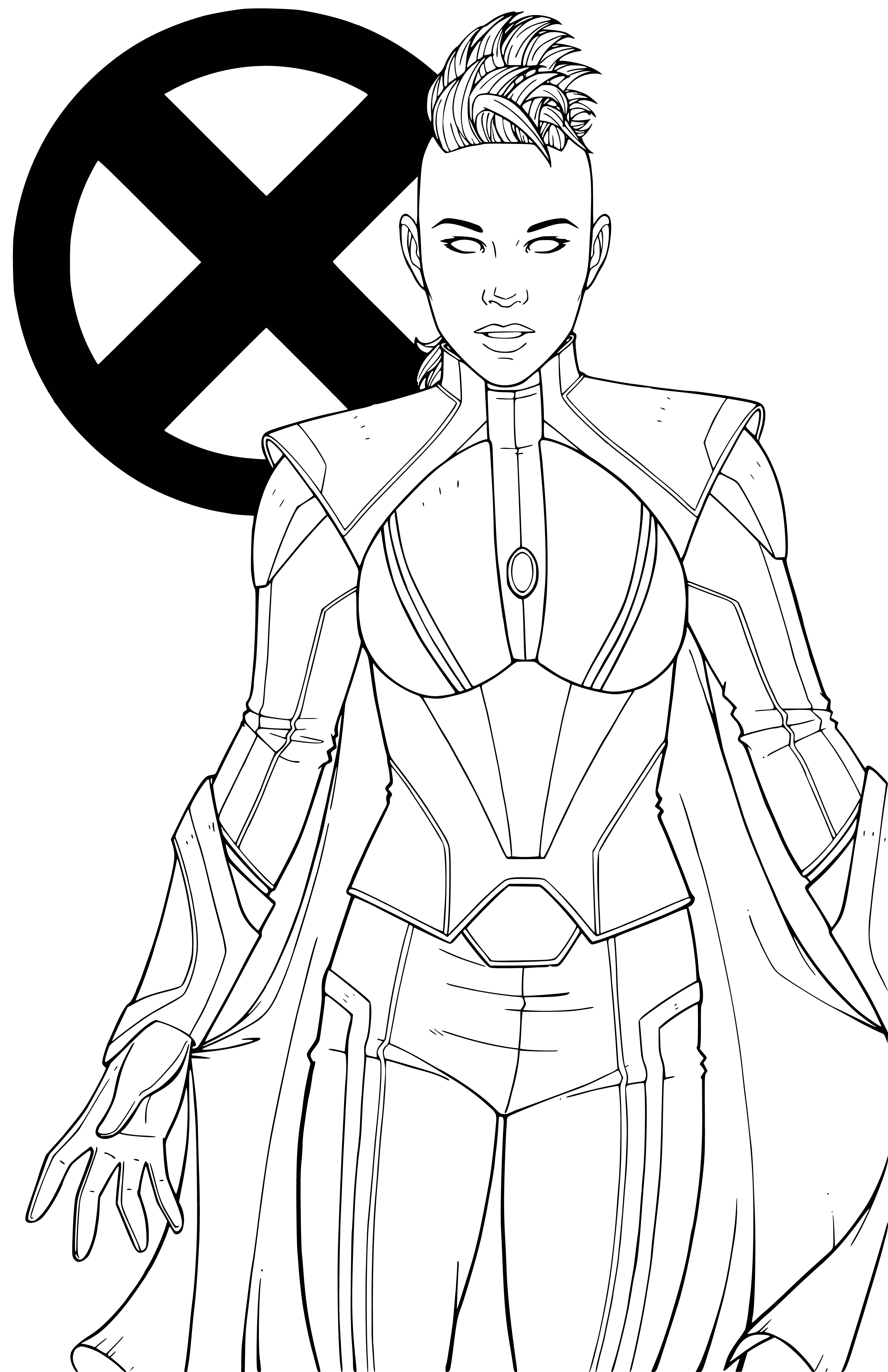 coloring page: Storm is a powerful superhero who uses her weather-control abilities, fighting skills and leadership experience to help her X-Men team. She's also compassionate and always there to help out.