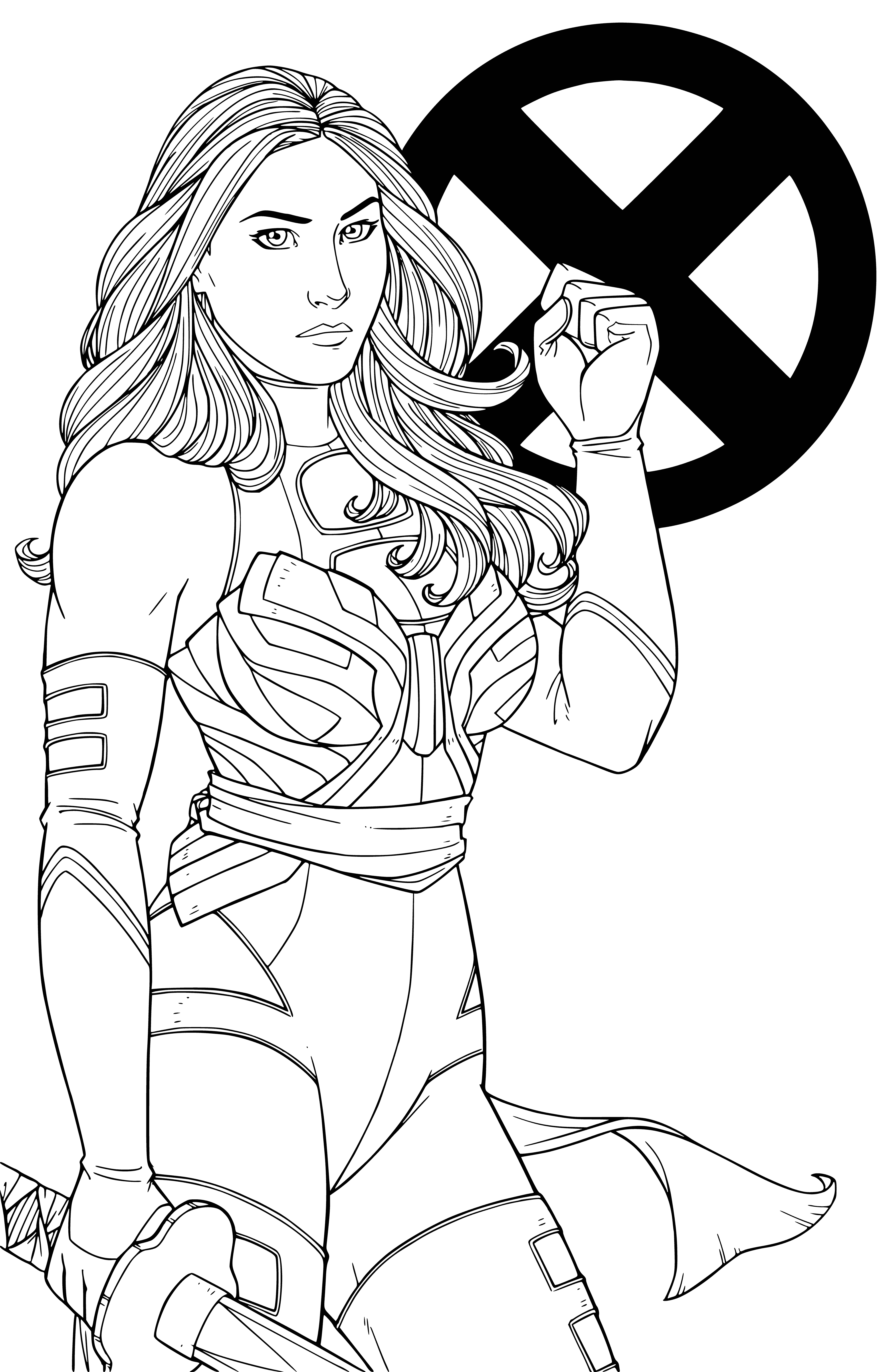 coloring page: Coloring page of Betsy Braddock, a young woman wearing yellow costume and green cape, with long blonde hair and blue eyes (from Superheroes movie).