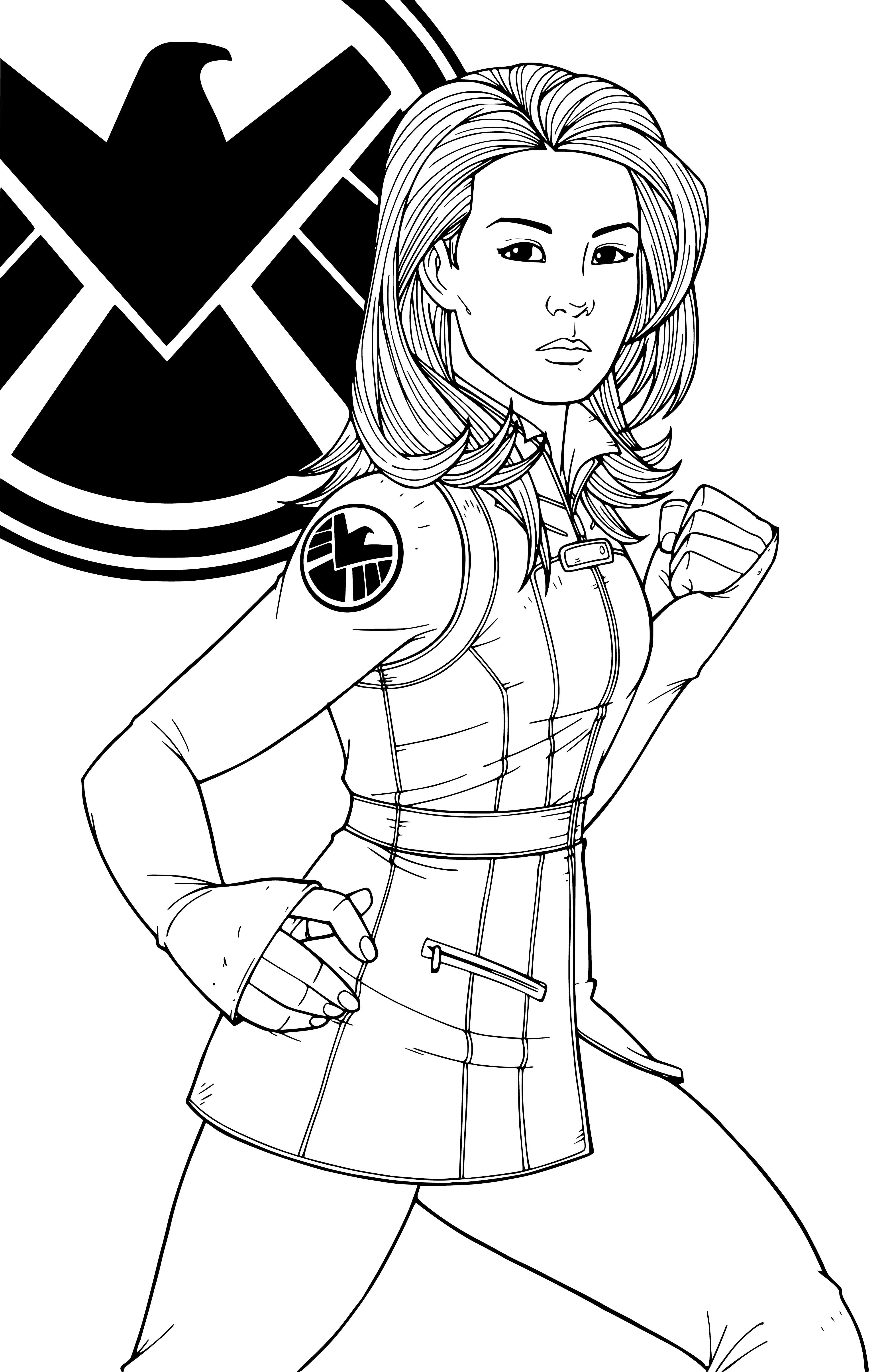 coloring page: Agent Sh.I.T. Medinda May is a powerful superhero & movie character with a blue & white suit and blue cape. Blonde hair & blue eyes and standing in action pose.