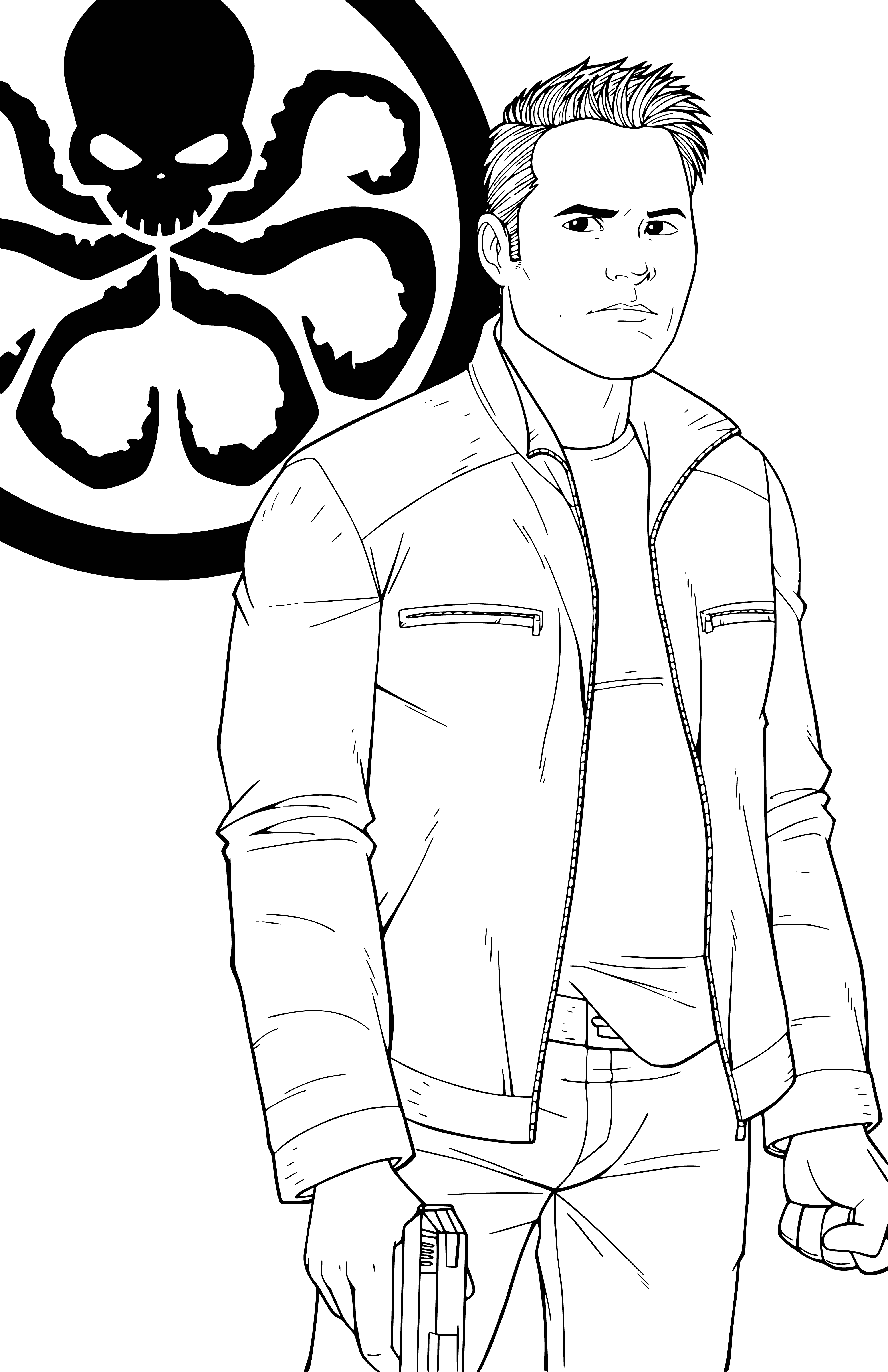 coloring page: Man wearing black shirt with white "S" shield emblem; serious expression; short, dark hair; clean-shaven; looking to side.