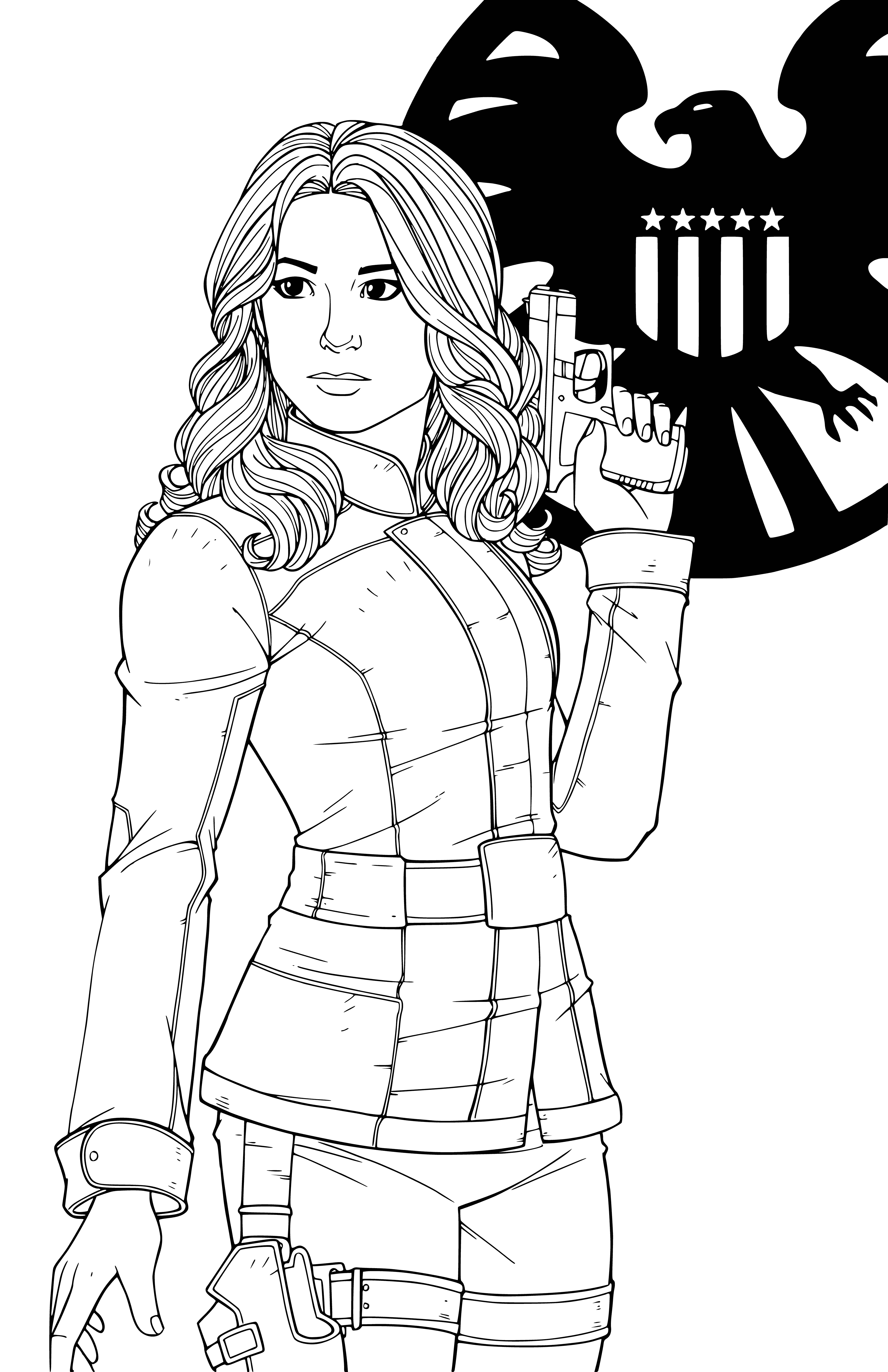 coloring page: Secret agent S.H.I.E.L.D. Sharon Carter stands in a fighting stance; form-fitting black bodysuit, green utility belt, black boots, long red hair blowing in the wind. Ready to take on anything!