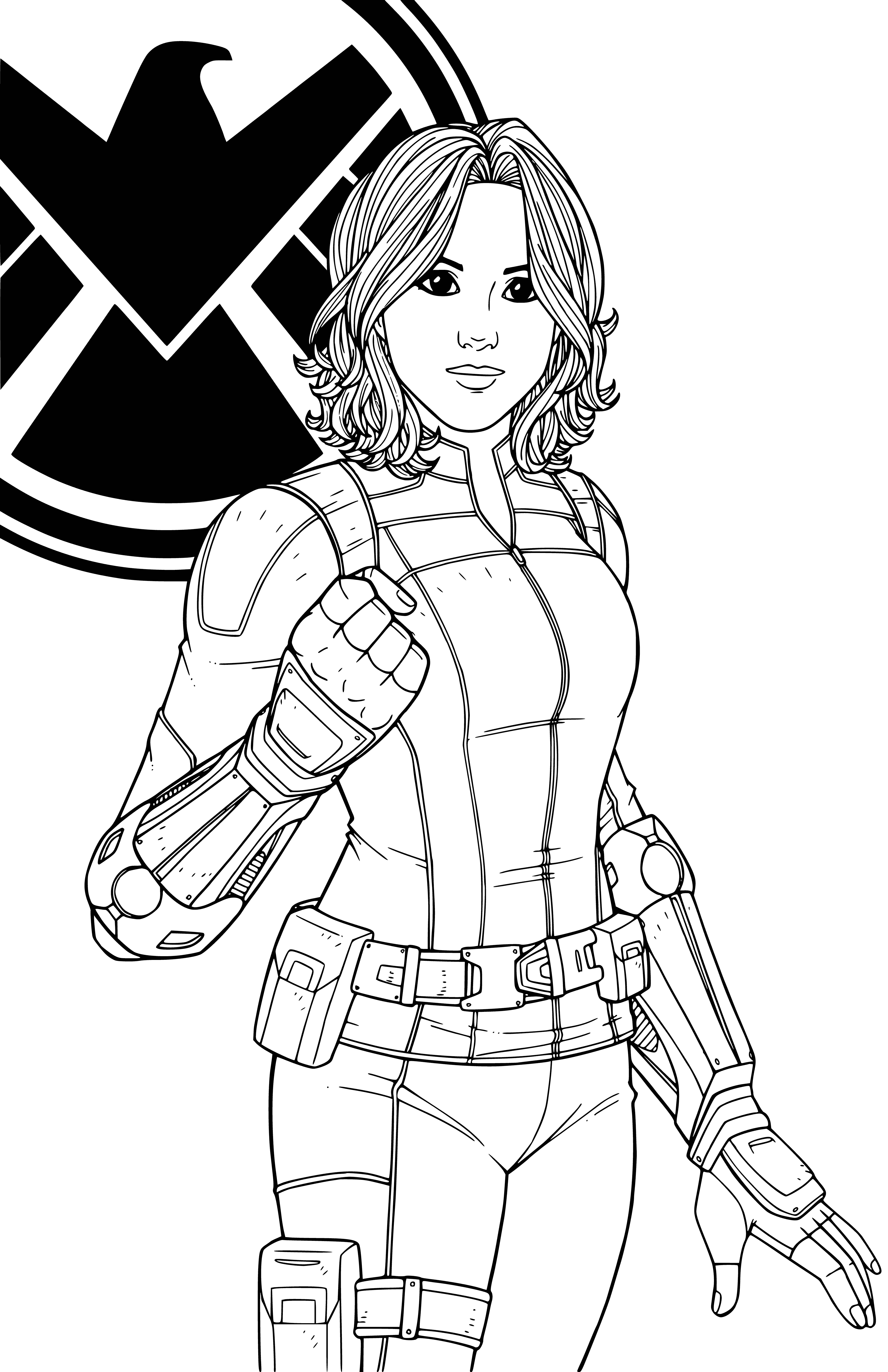 coloring page: Woman looking over her shoulder in a leather jacket, grey shirt with black Widow spider on it, and small device on left forearm.