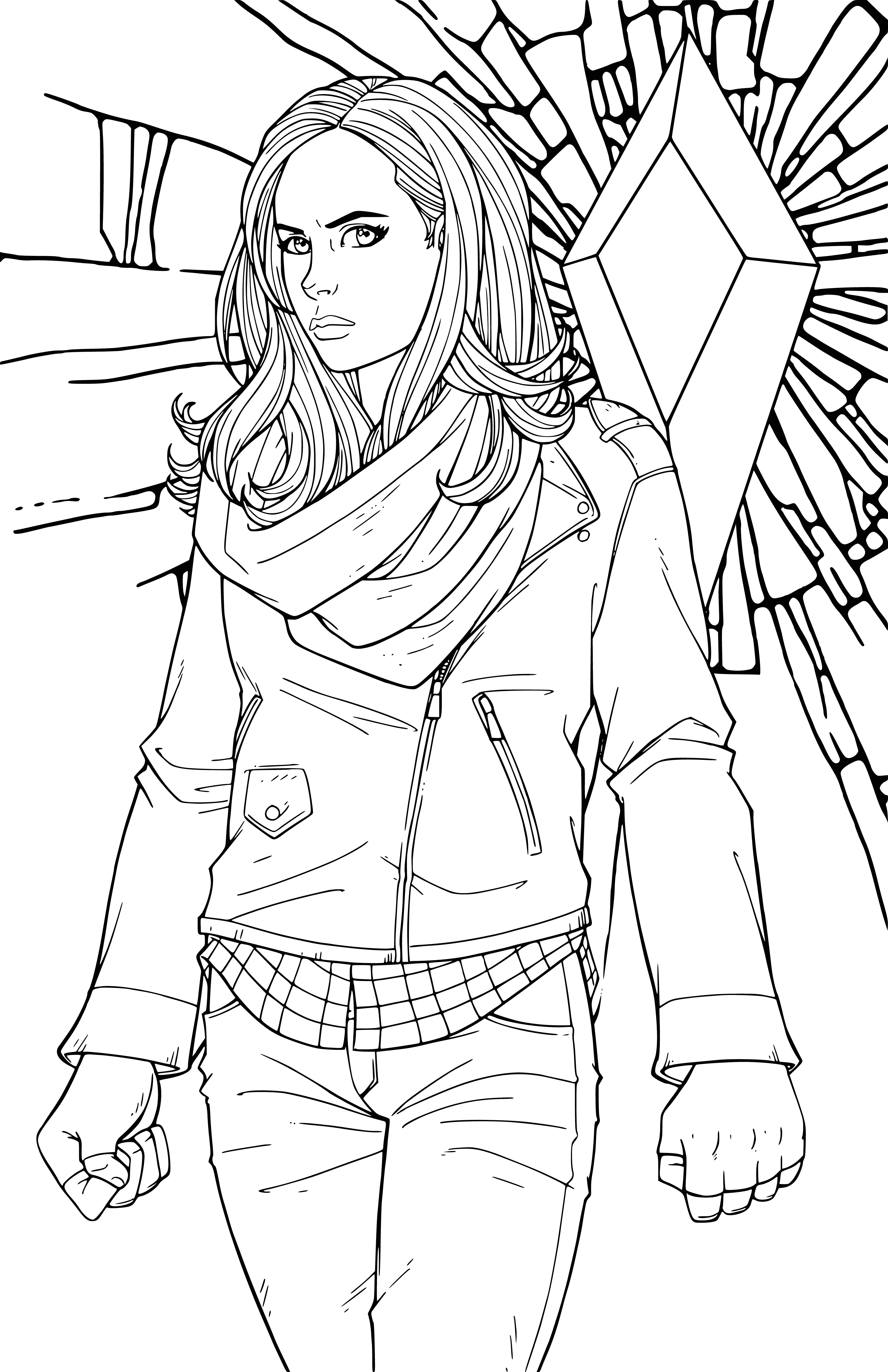 coloring page: Woman with dark hair, leather jacket & tank top; serious expression. #BadAss