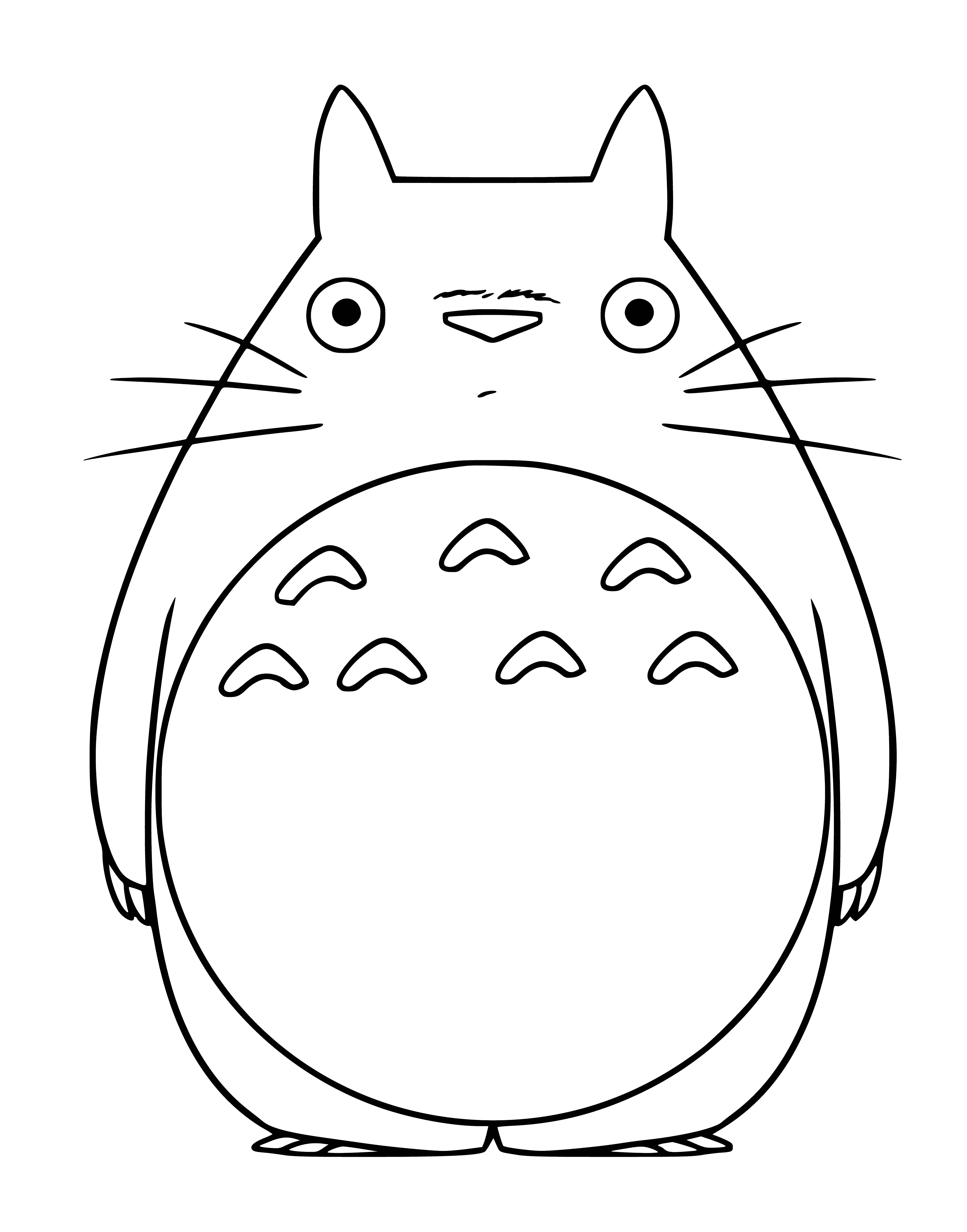 coloring page: Cartoon creature with cat/rabbit features wearing white/blue sitting on branch. Has big ears, eyes, belly and two small front teeth. #CartoonCreature