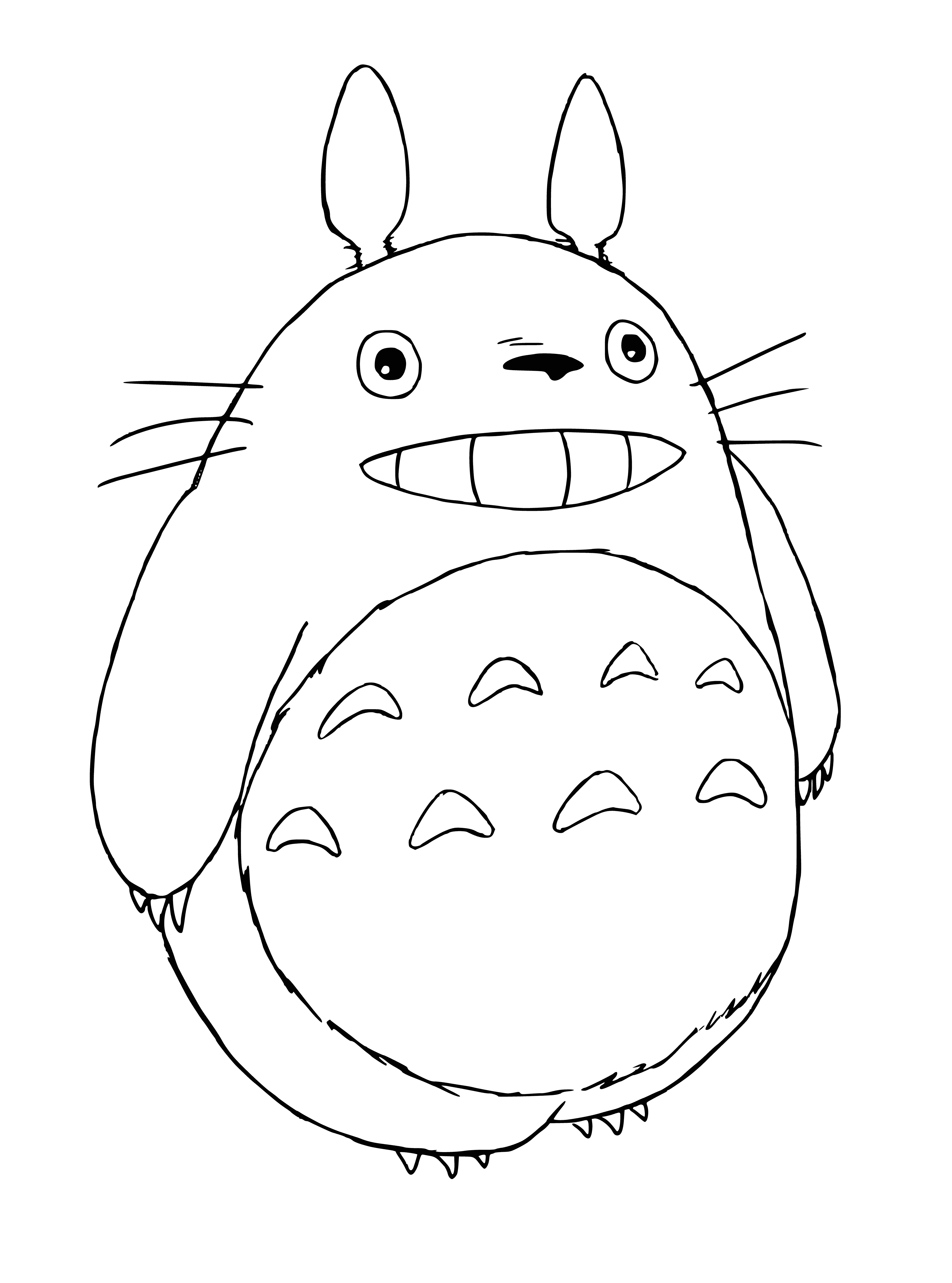 coloring page: Girl cuddling happy, large rabbit-like creature under tree in mystical forest. Its round eyes, furry ears & tail curled around her.
