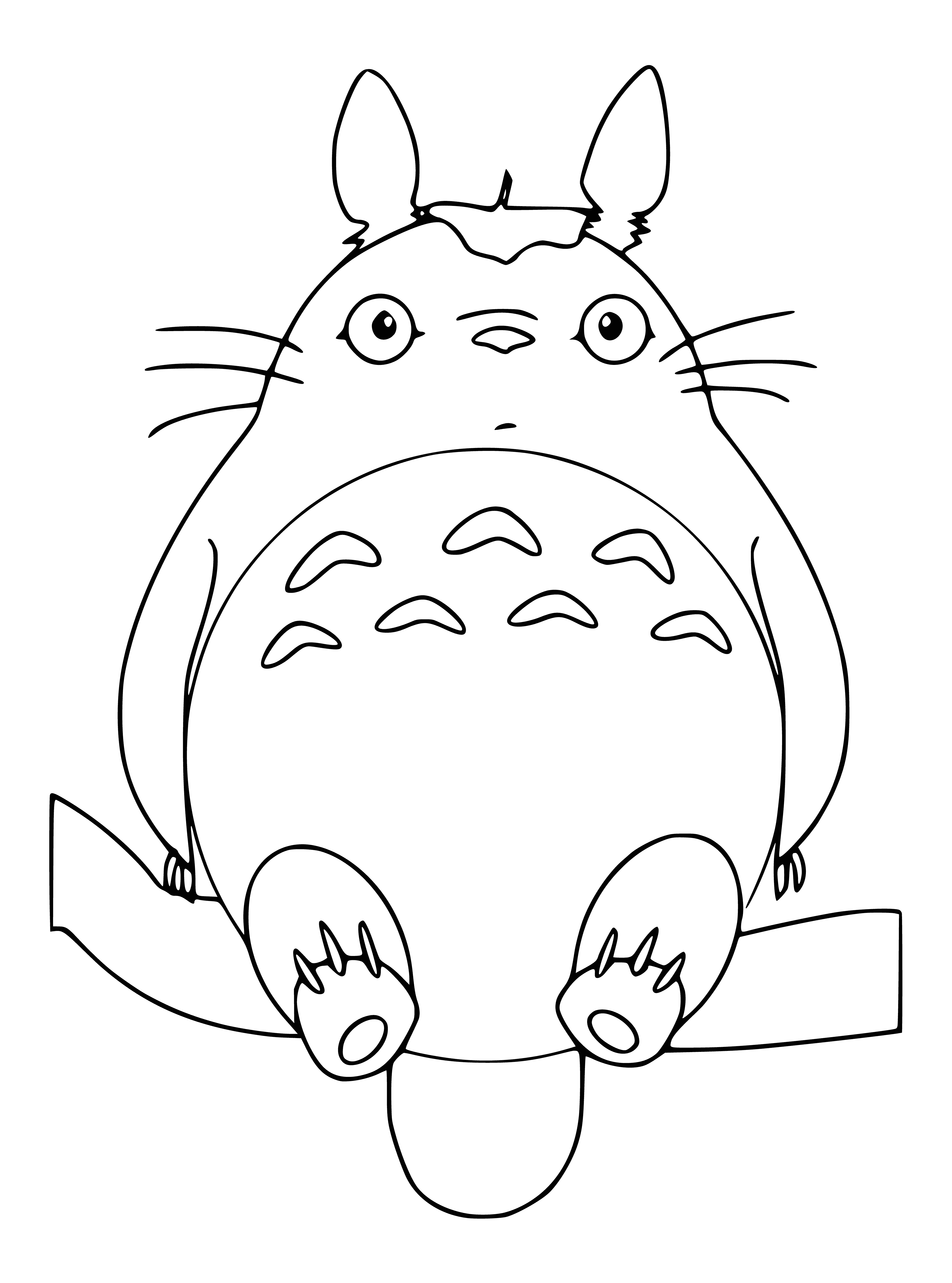 coloring page: Totoro, big ears & nose, blue shirt, holding a leaf, sitting in a tree.