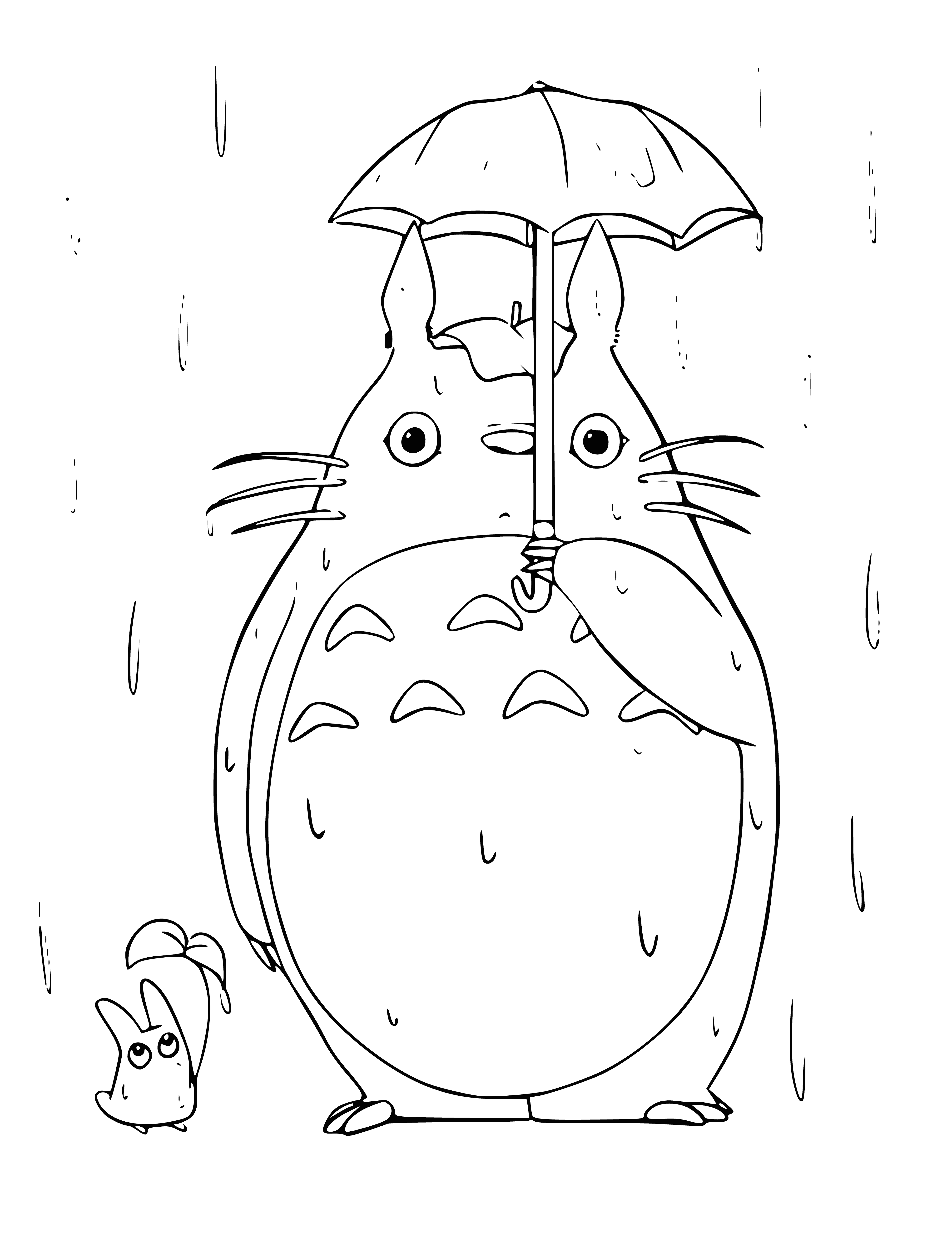 coloring page: Totoro stands in the rain, an umbrella open, bamboo stick in hand, brown cap & blue raincoat, streaming water & soaked clothes.
