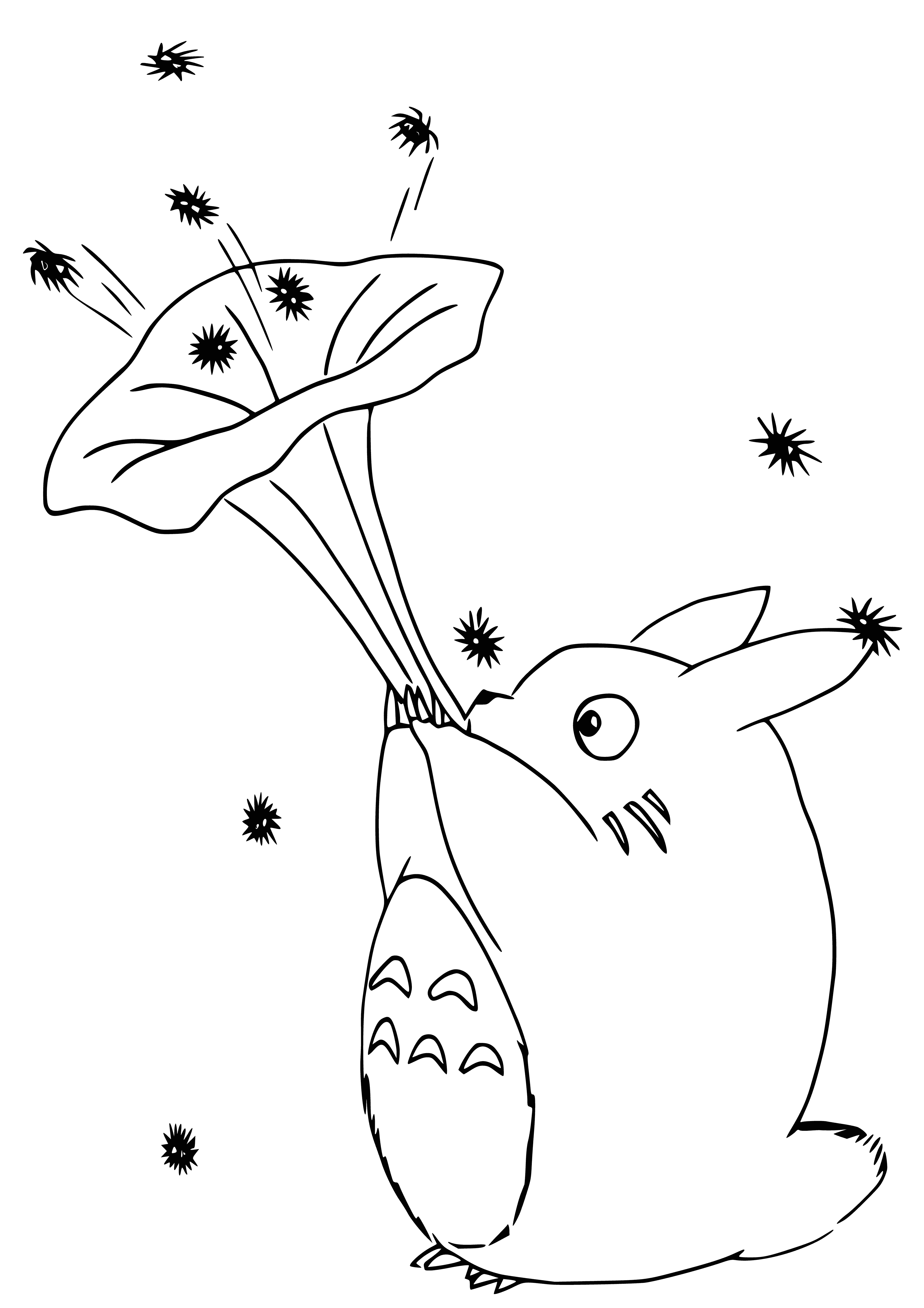 coloring page: A large blue and white creature with a long body, short tail, black eyes, white gloves, and small black hat sits in a tree.