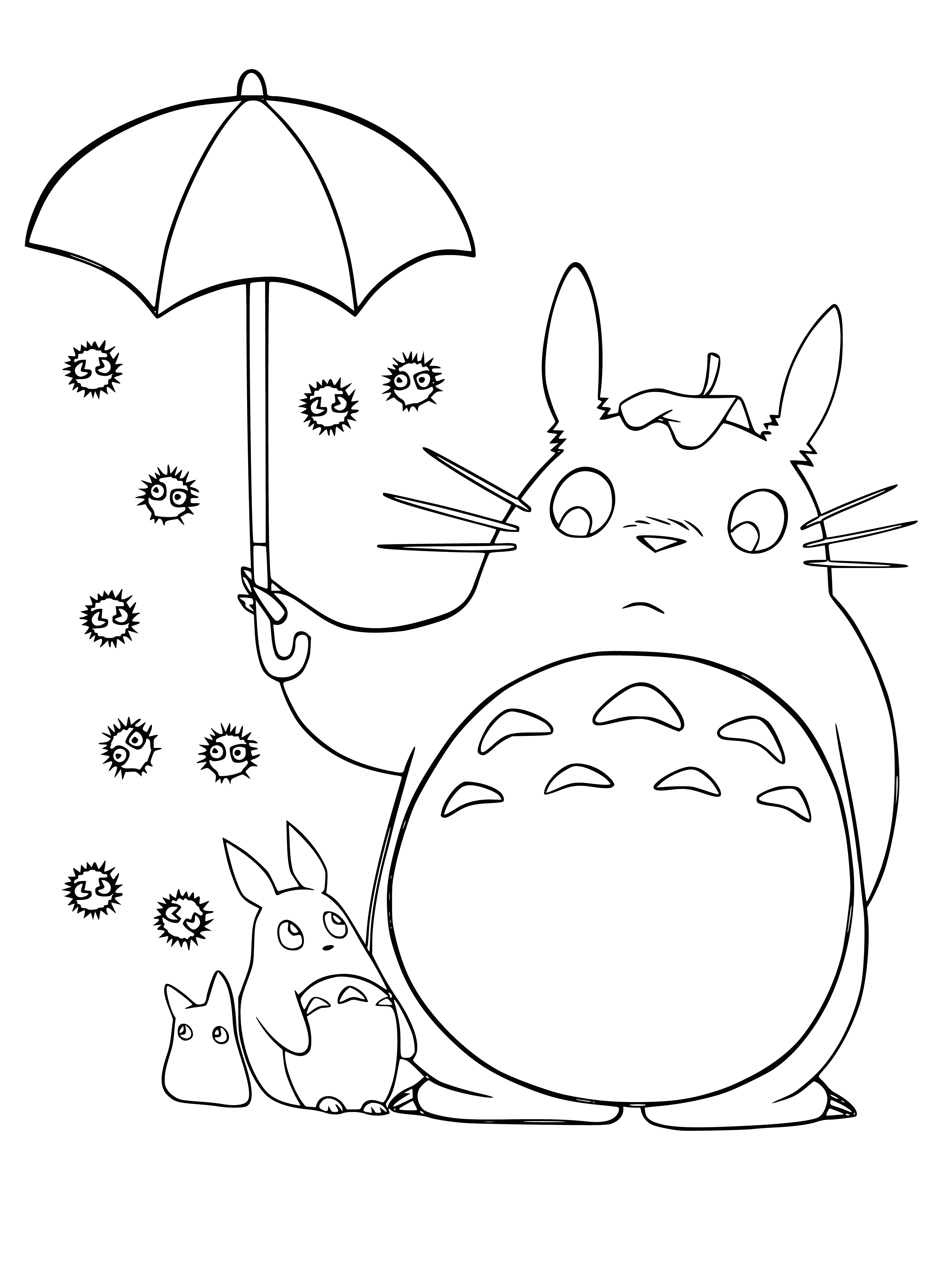 coloring page: Two cute creatures: Totoro, a big white & fluffy one, & Chernushki, a smaller dark-furred one, perched on its head, who looks mischievous. Totoro looks content.