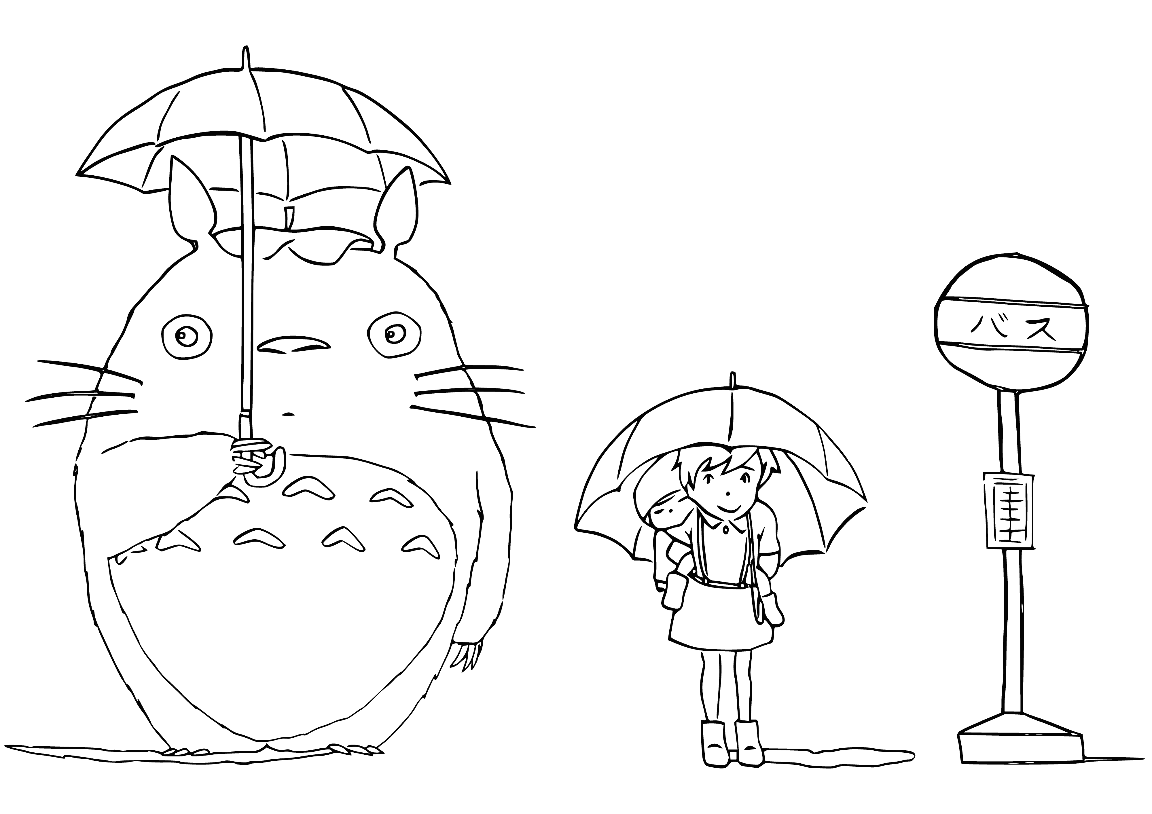 coloring page: Satsuki and Totoro sit in the woods. Totoro's furry, big-eared, bushy-tailed figure contrasts Satsuki's small figure dressed in red.