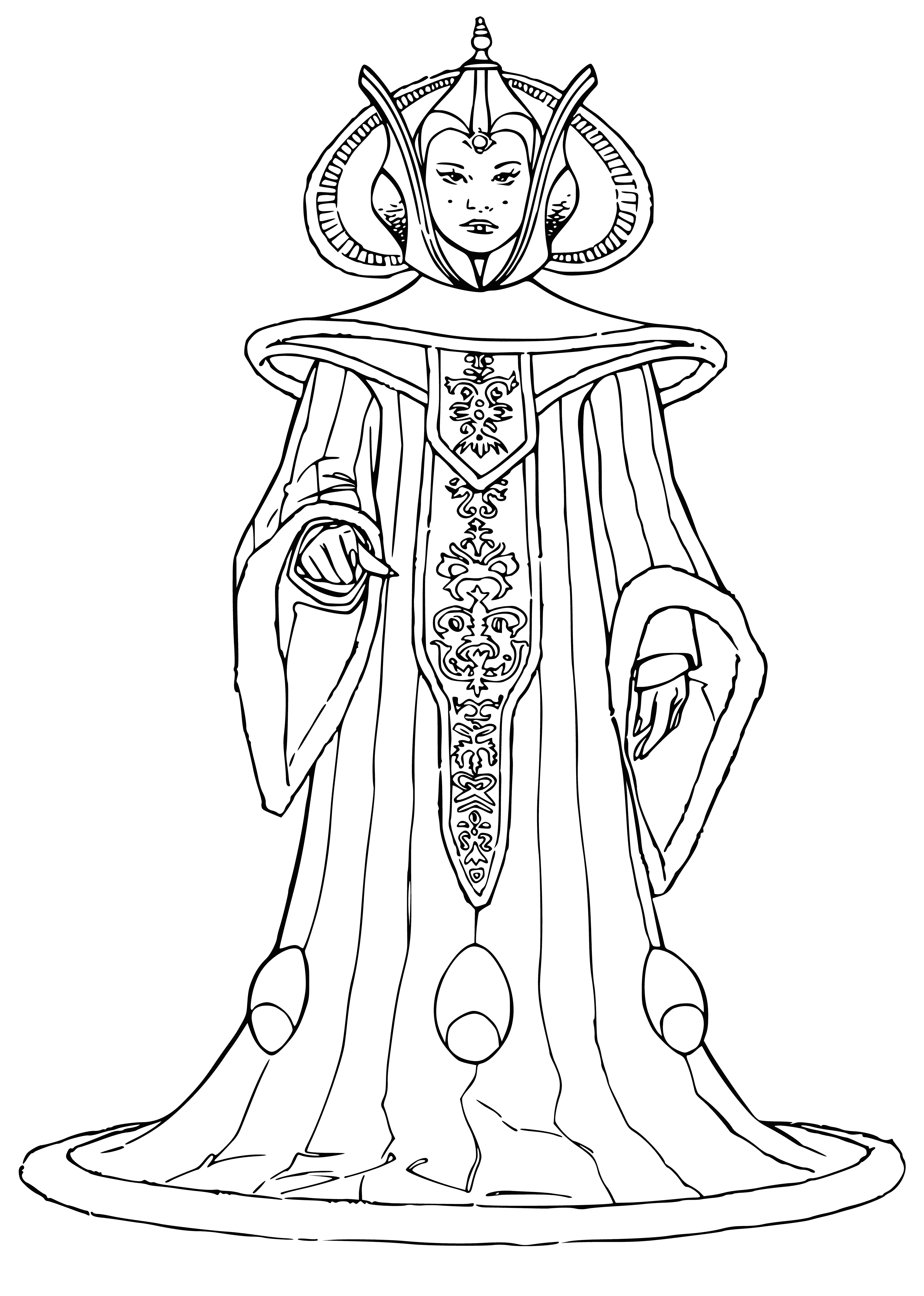 coloring page: Amidala stands regal & important in a grand room, wearing a gown w/ long train, intricate hairstyle & jeweled headpiece.