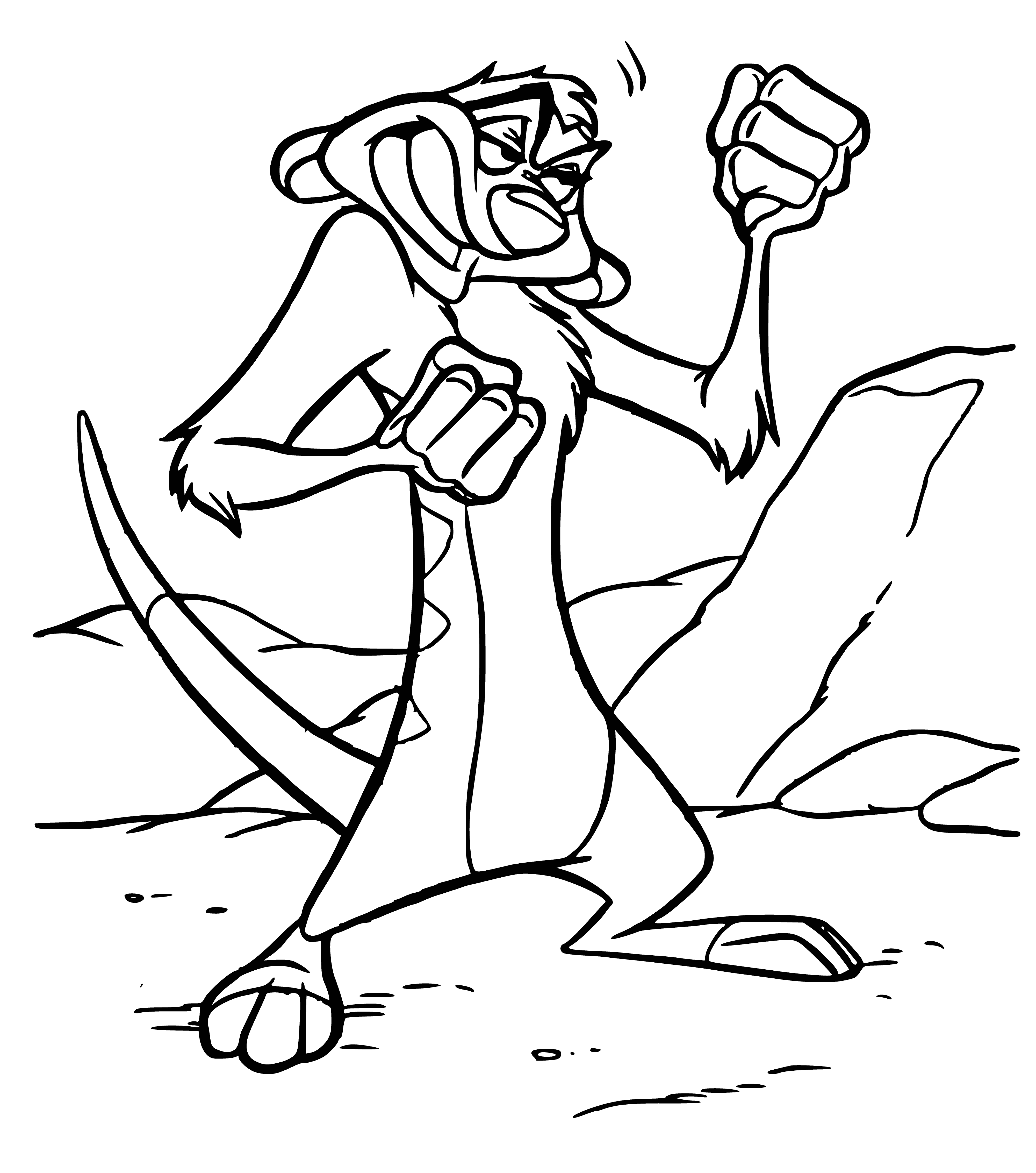 coloring page: An old, mischievous raccoon peers out from beneath a tuft of gray fur, worn brown loincloth, and droopy ears.