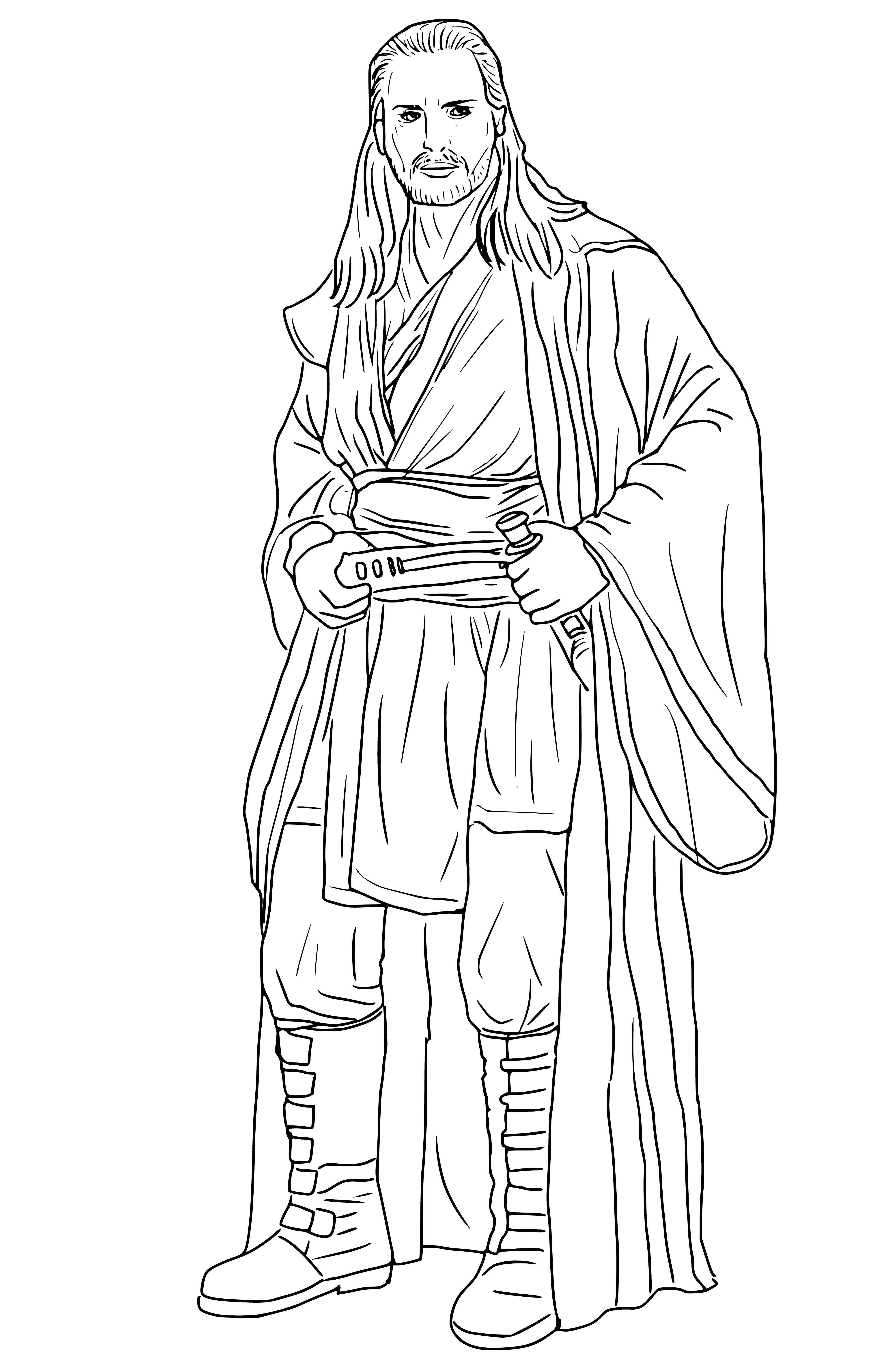 coloring page: Man with brown hair, beard & brown cloak holding blue lightsaber with planet & 2 moons in background.
