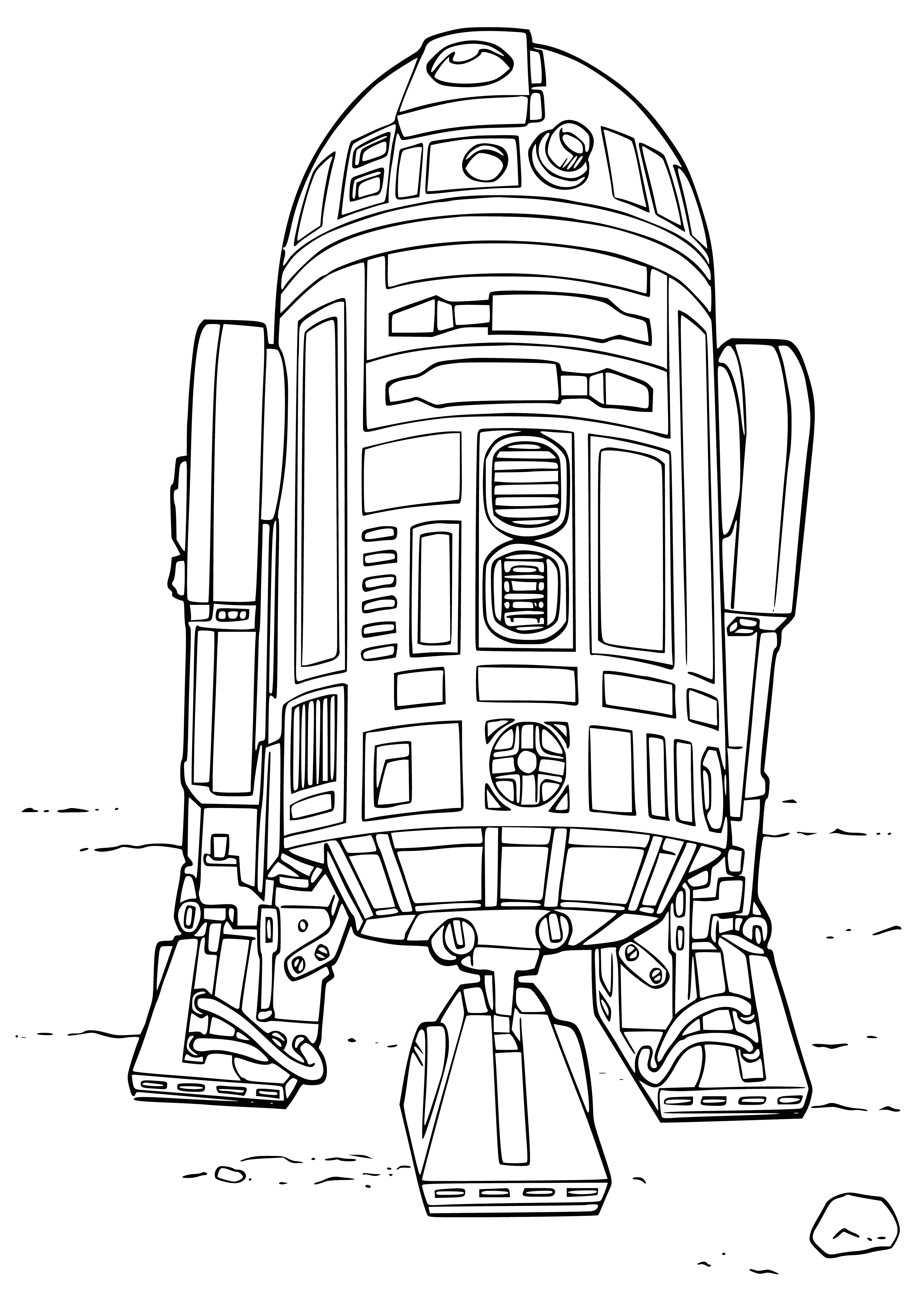 coloring page: R2-D2 is a utility droid, with cylindrical body, single blue eye, and 2 arms & legs-used to repair ships & computer systems in Star Wars.