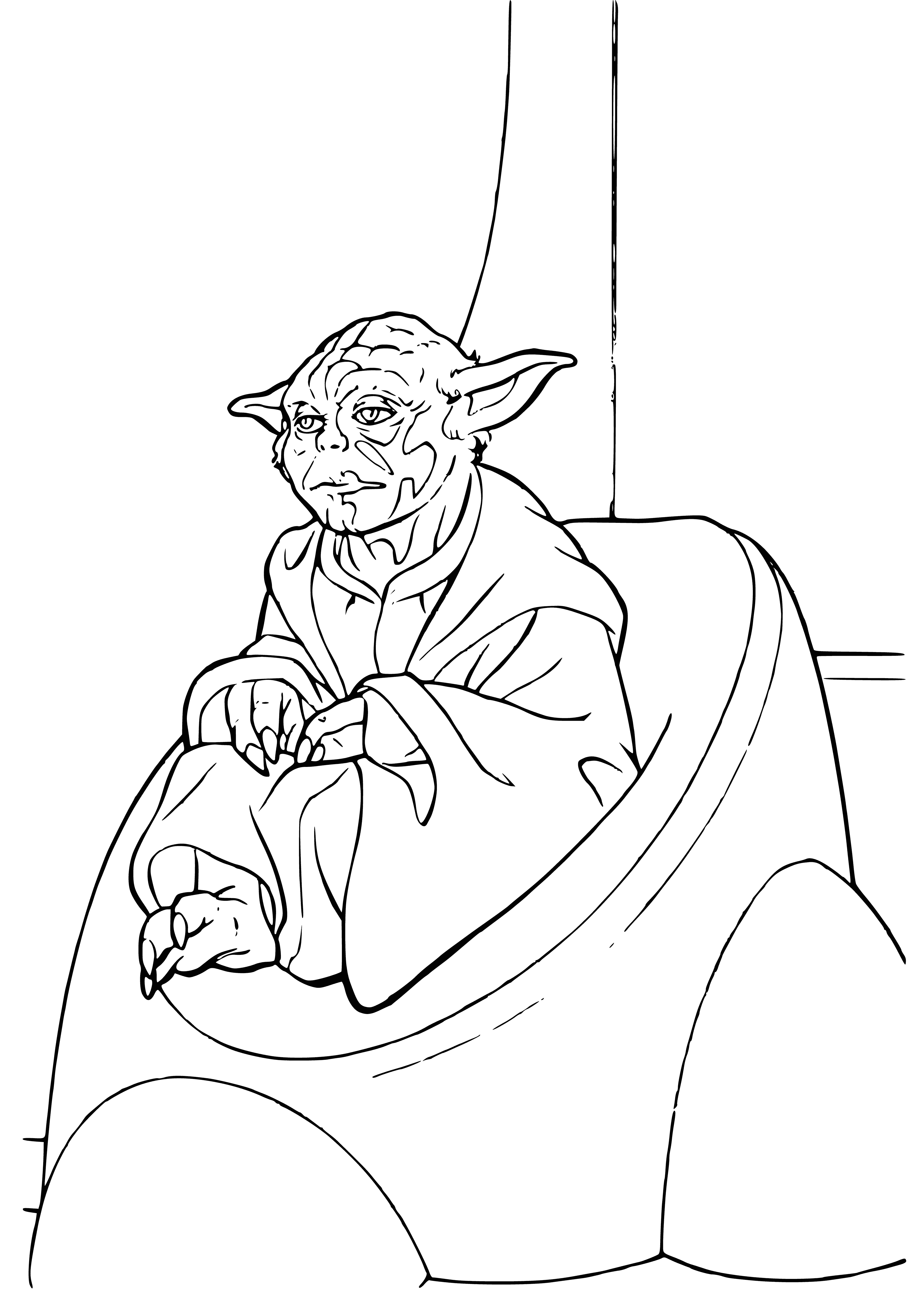 coloring page: Coloring page of Jedi Master Yoda from "Star Wars: Episode I - The Phantom Menace" on a swampy planet holding a lightsaber.