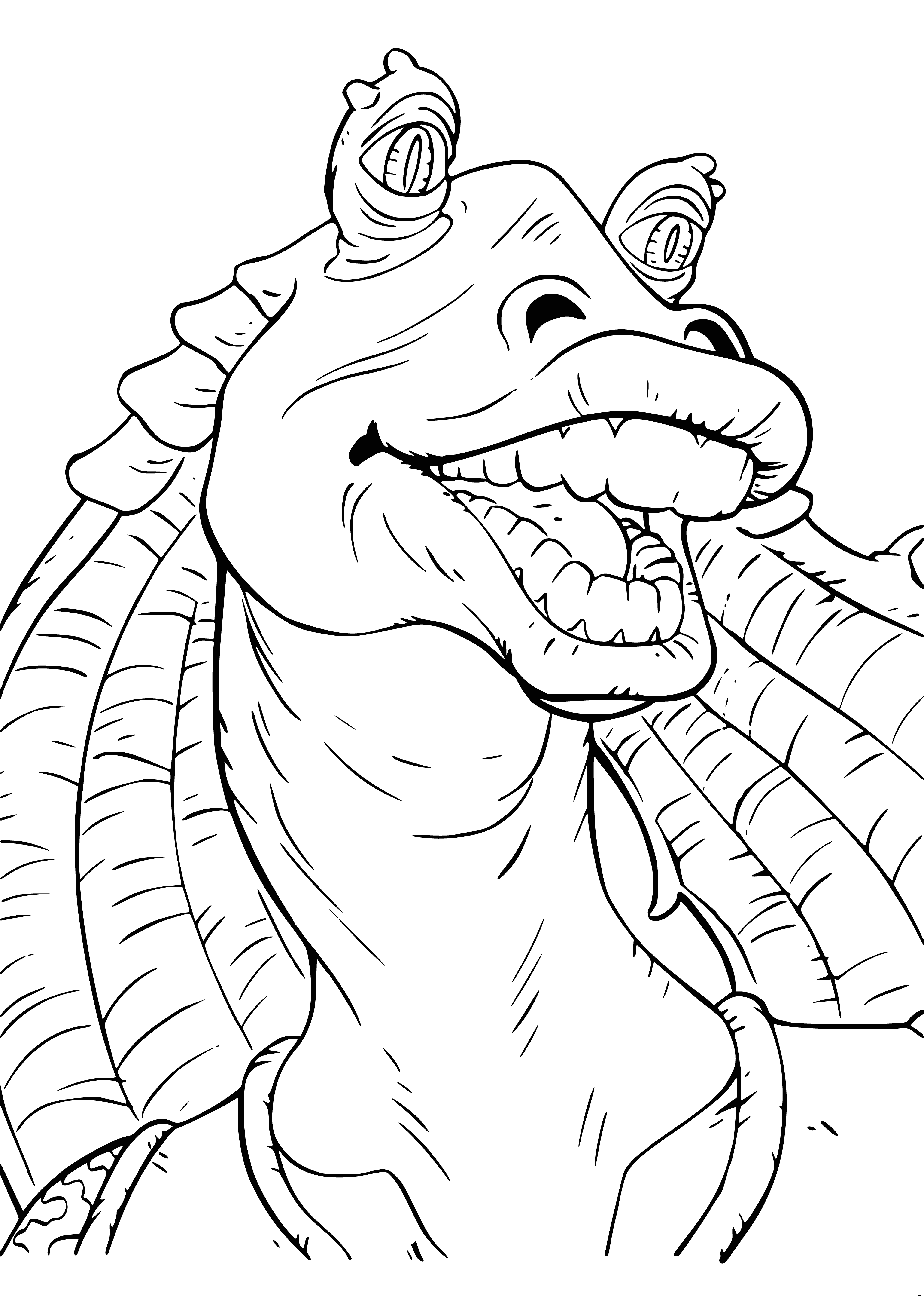 coloring page: Je-Je Binks is a blue gunganen wearing a purple & white outfit standing on a rock in a jungle, with a blue sky & white clouds.