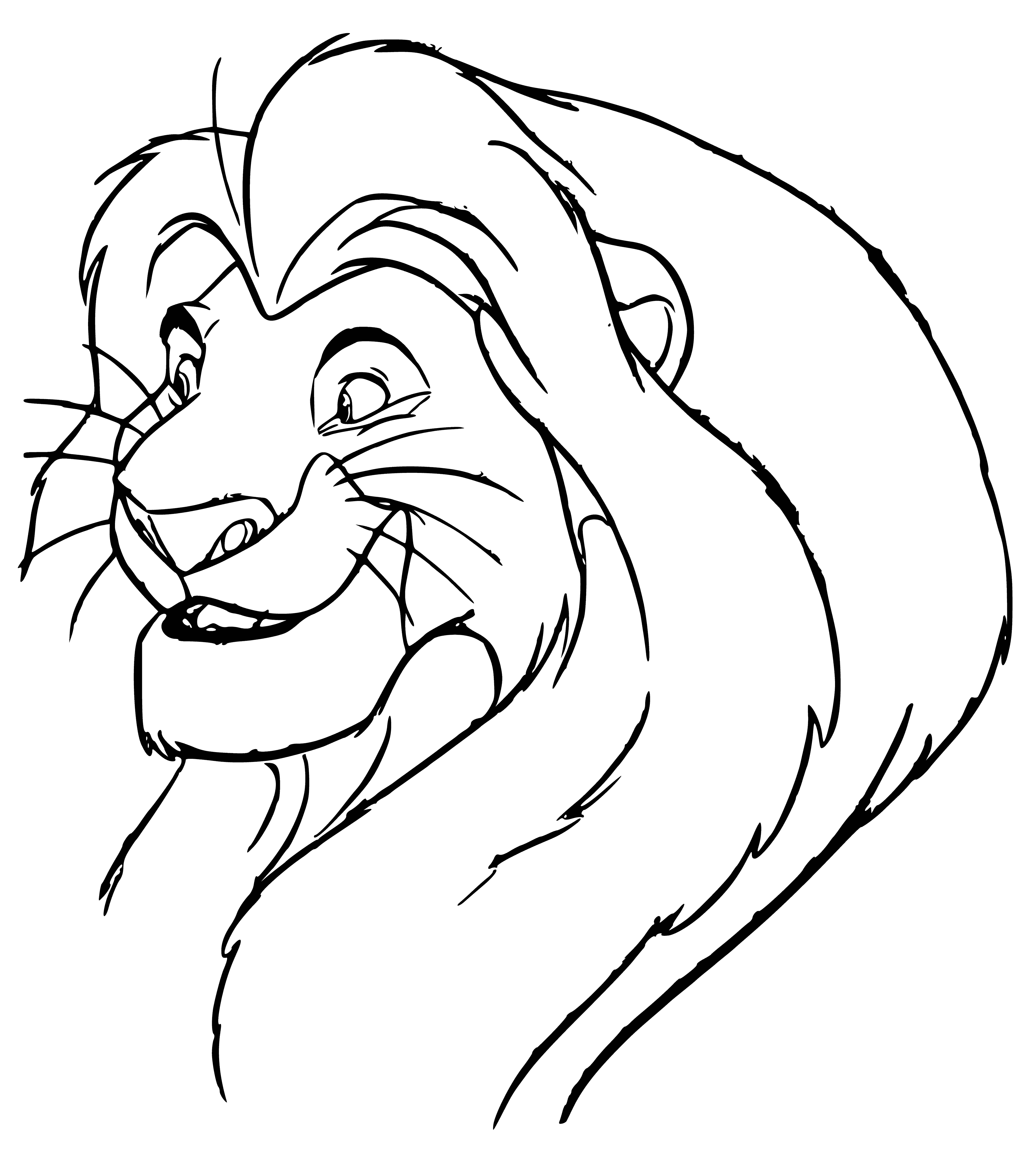 coloring page: A young lion lies on the ground, resting his head on his paw looking into the distance with a blowing mane.