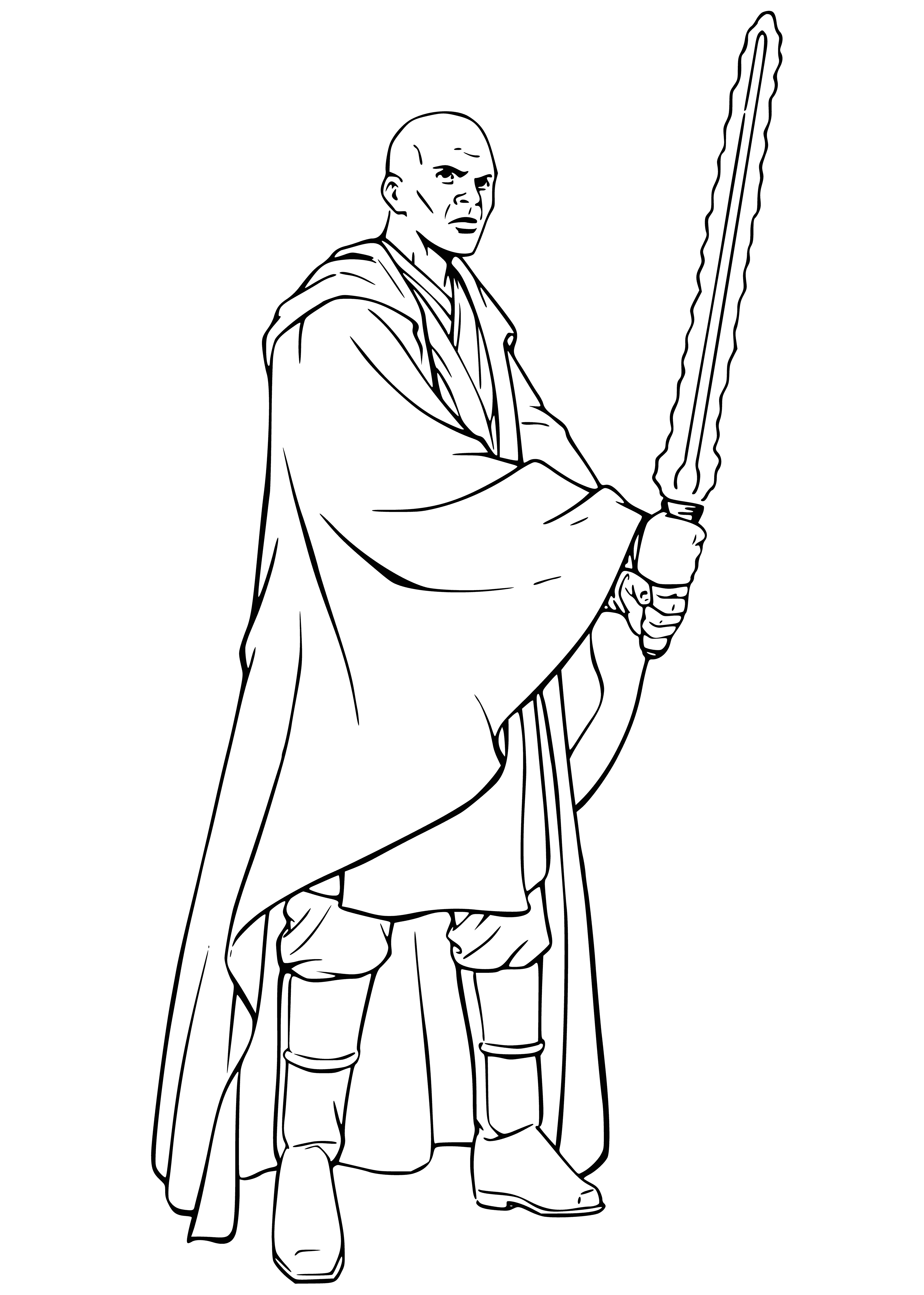 coloring page: Jedi Master Mace Windu is a skilled warrior and powerful Force user with a purple lightsaber. He is respected in the Jedi Order and trusted by Anakin Skywalker, whom he helps to defeat Darth Sidious.