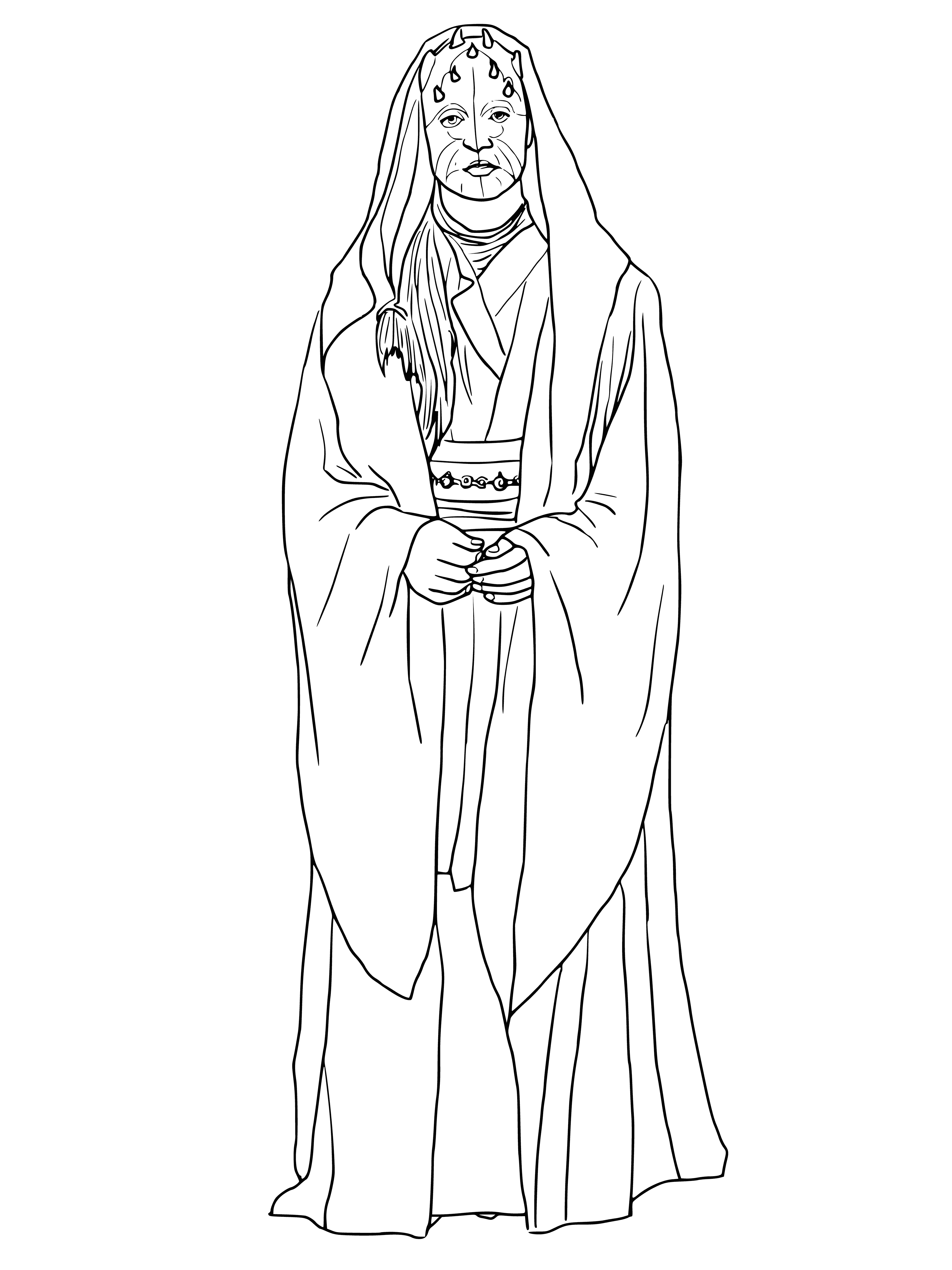 coloring page: Jedi Master Iit Cat inspects a star map w/ a lightsaber in one hand, pointing w/ the other to something of interest.