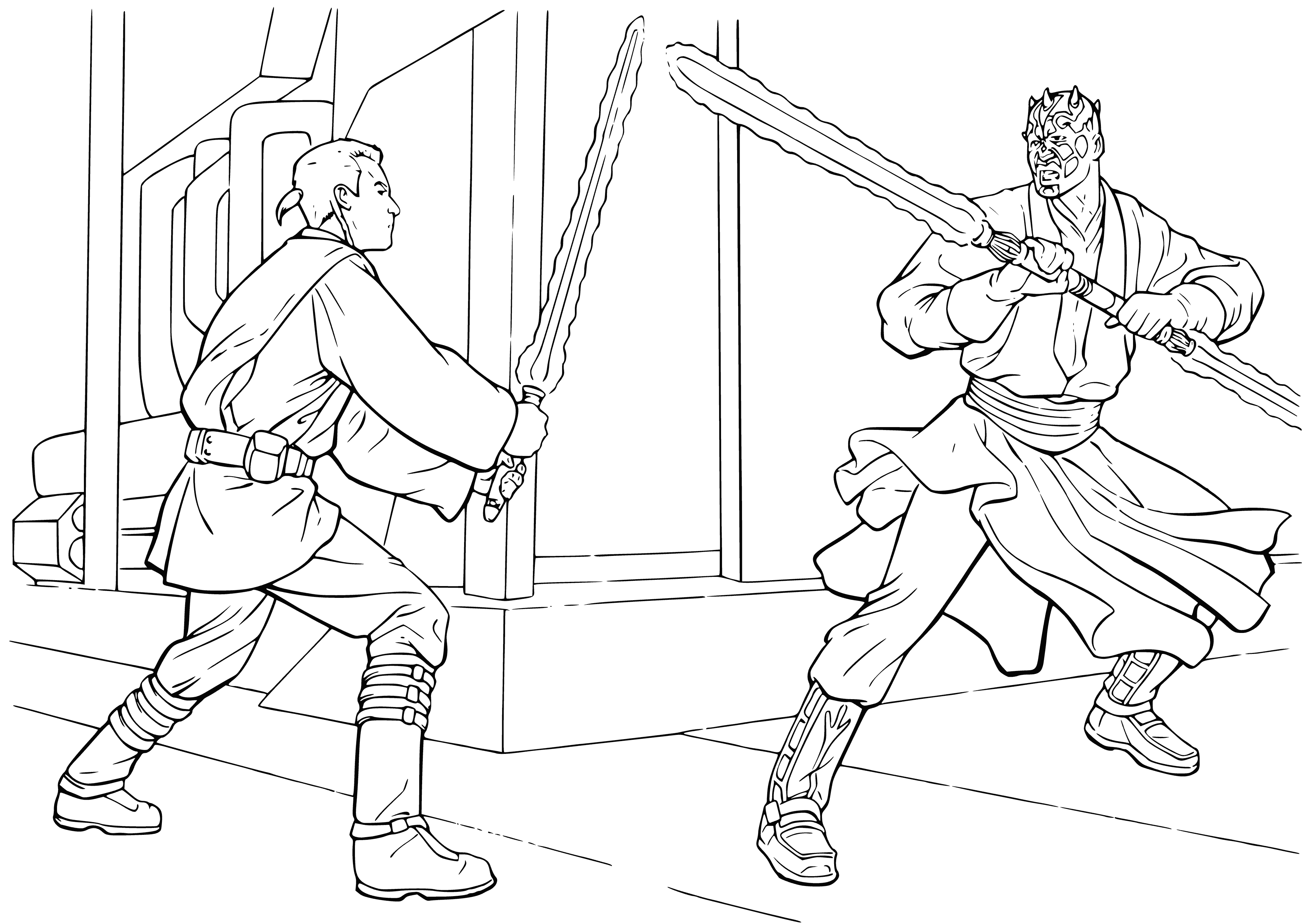 coloring page: Man in a robe w/ a lightsaber stands on a hill, looking at a distant city as a burning ship appears before him w/ red lightsaber.
