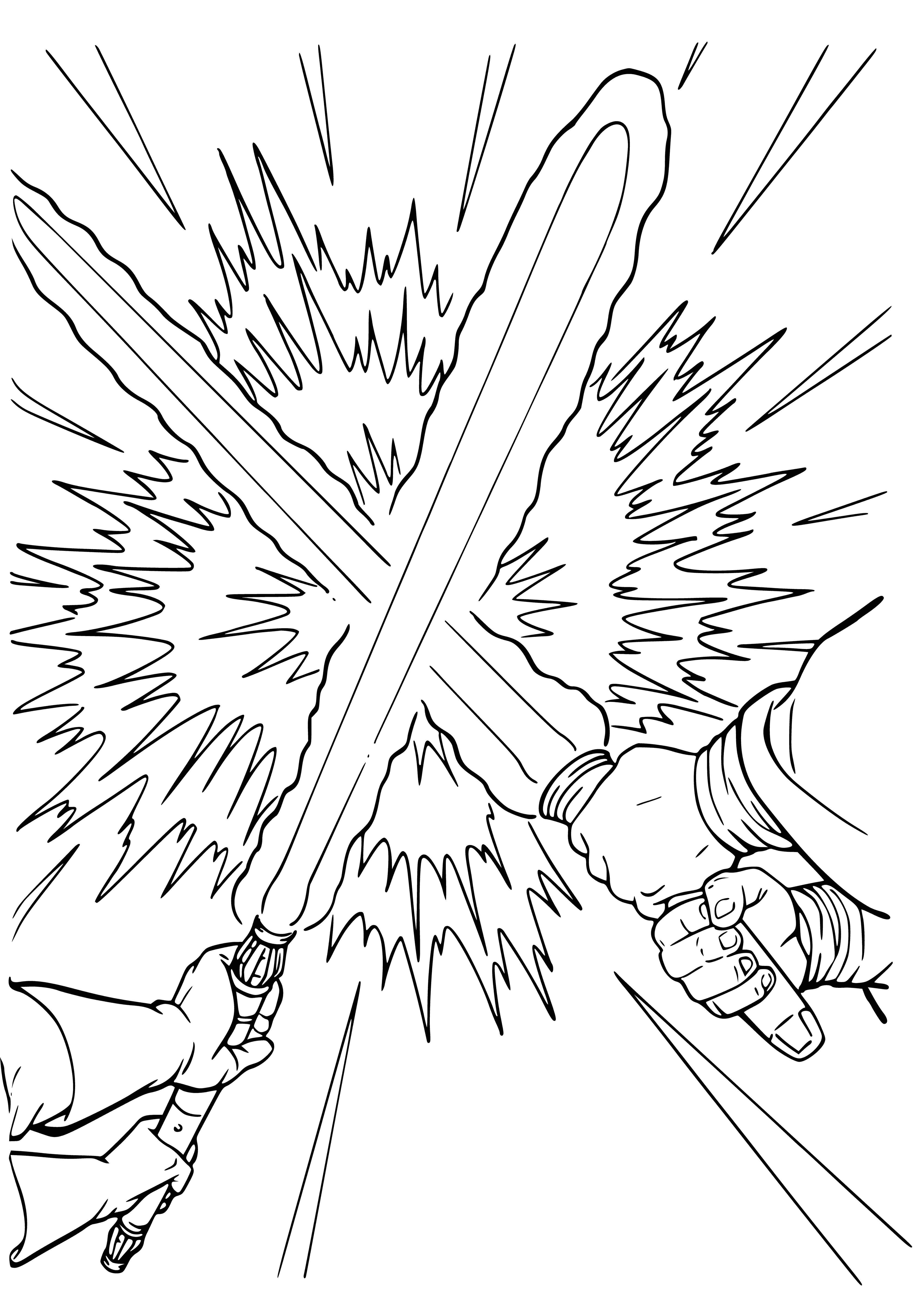 coloring page: Darth Maul, Qui-Gon Jinn and Darth Sidious brandish their lightsabers on a Naboo skiff, with a Jedi starfighter and a Royal Starship in the background.