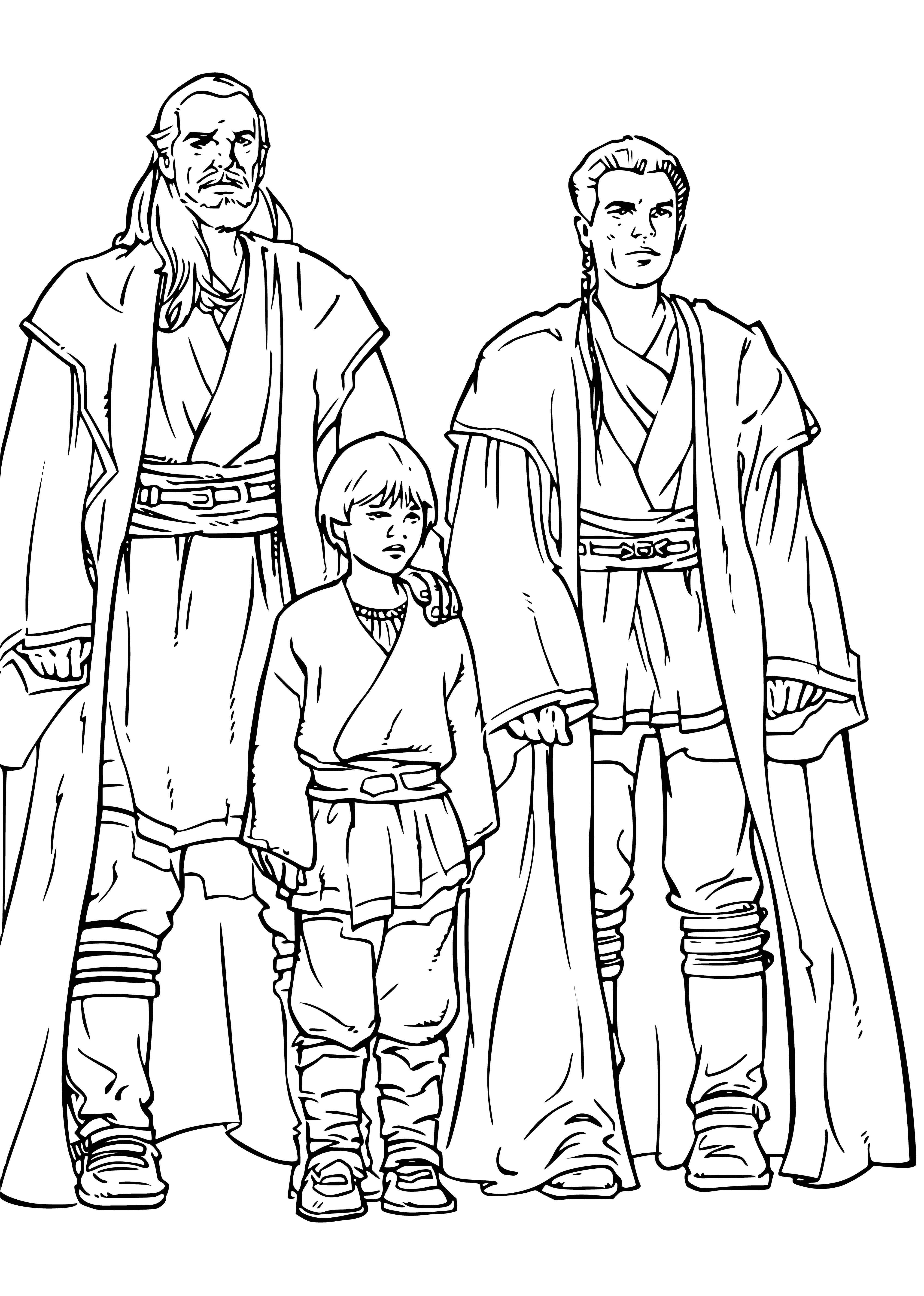 coloring page: Two figures look out from a ship overlooking two fighters in a desert planet. The man is in Jedi robes and the boy is small. #StarWars #Space