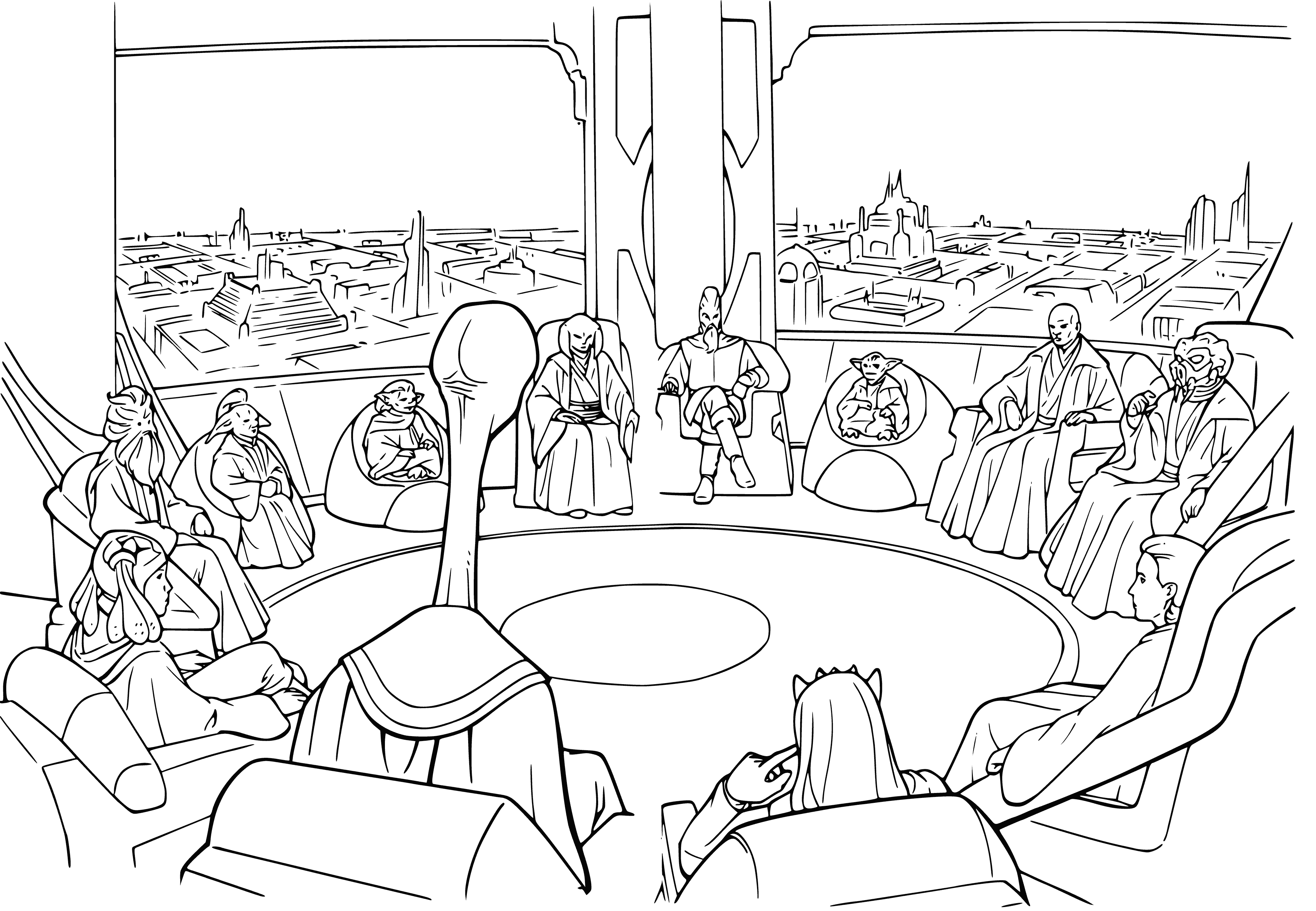 coloring page: Jedi Council discusses recent attack on Naboo ship, wise & powerful Jedi Knights around large conference table. #PhantomMenace