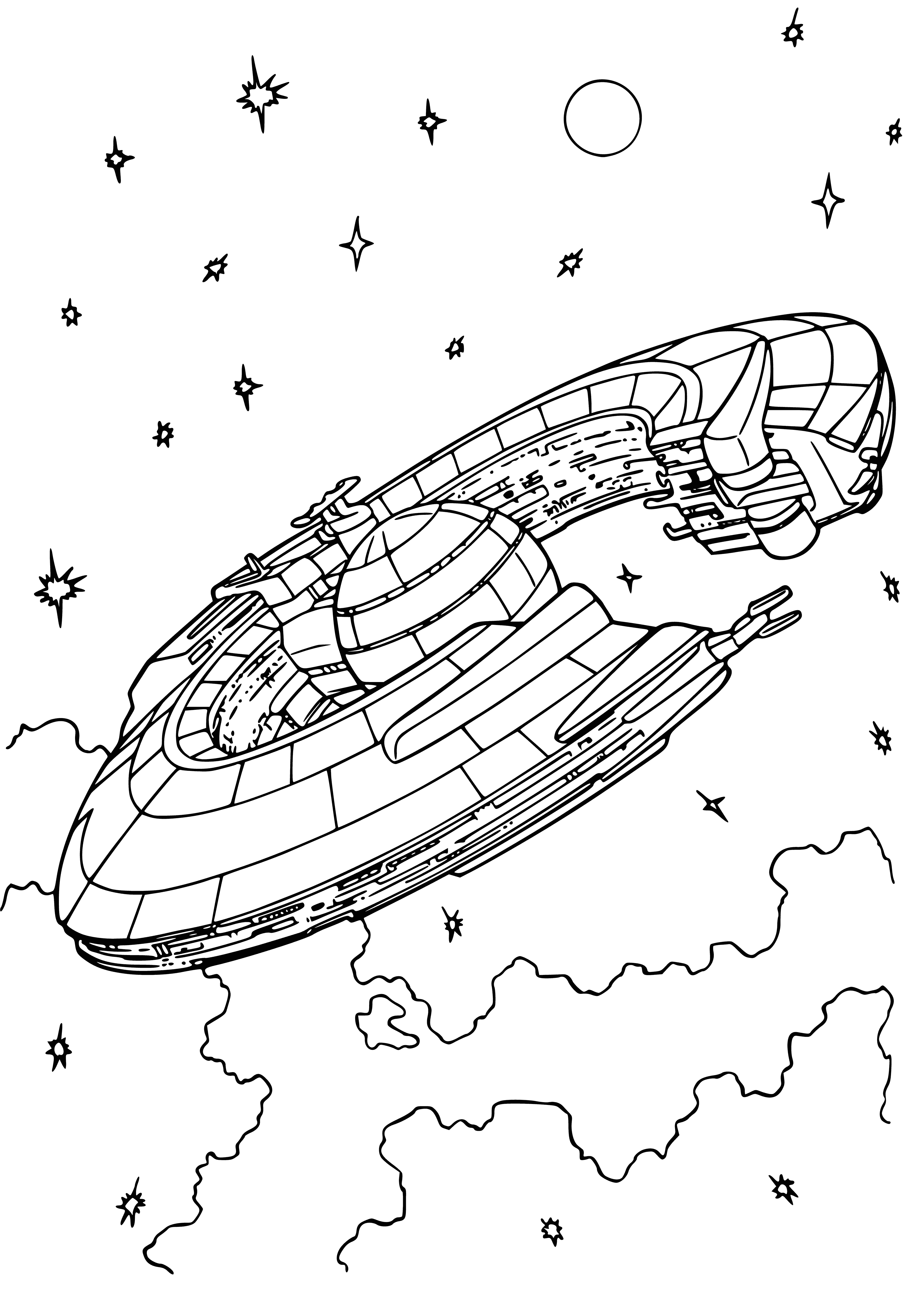 coloring page: Large space station in center of frame has round main section, several round modules and a bright white light shining from center. Stars in background. #space #astronomy