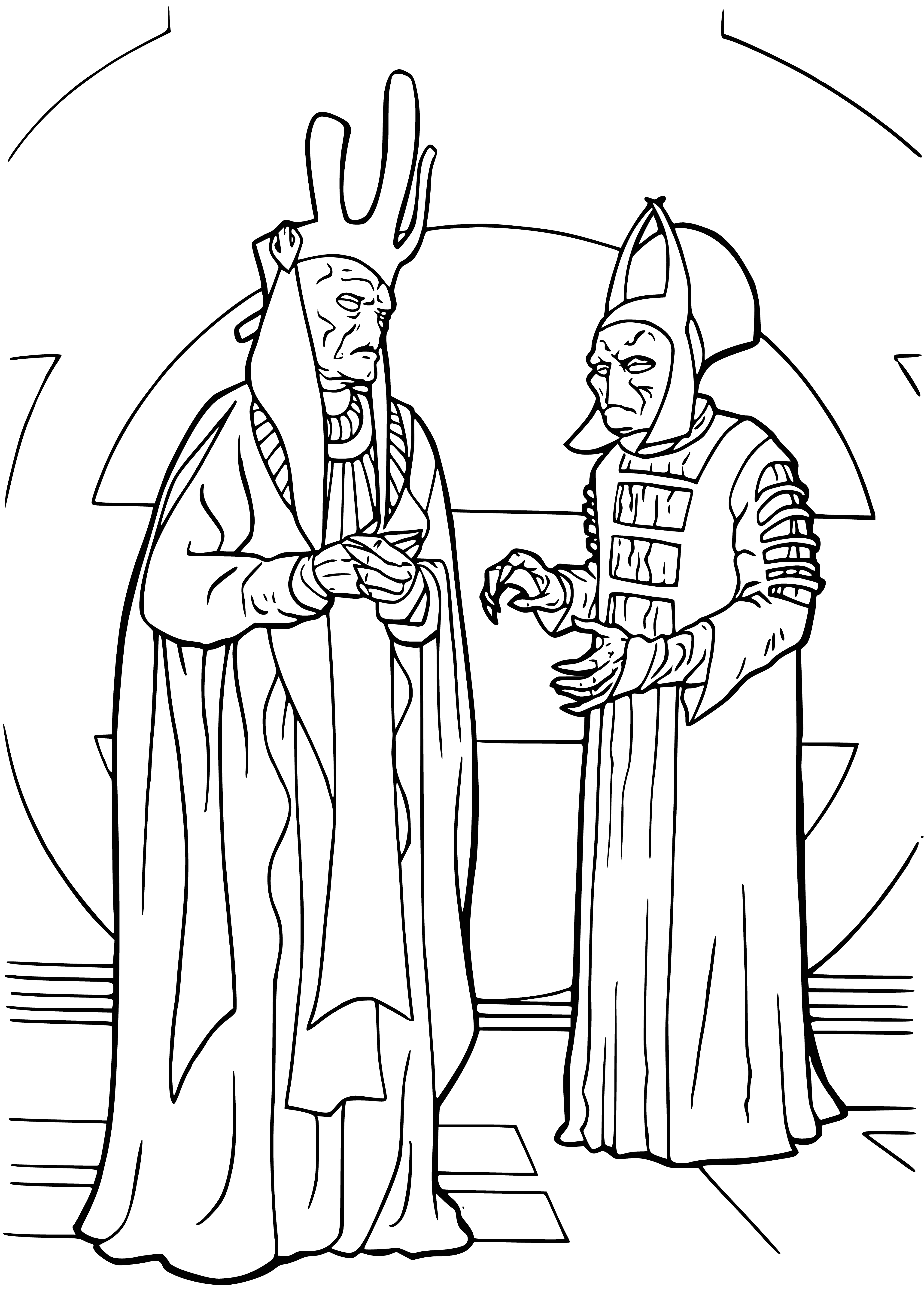 coloring page: Head of Trade Federation & assistant in room, wearing white/black robes & wielding blue/red lightsabers.