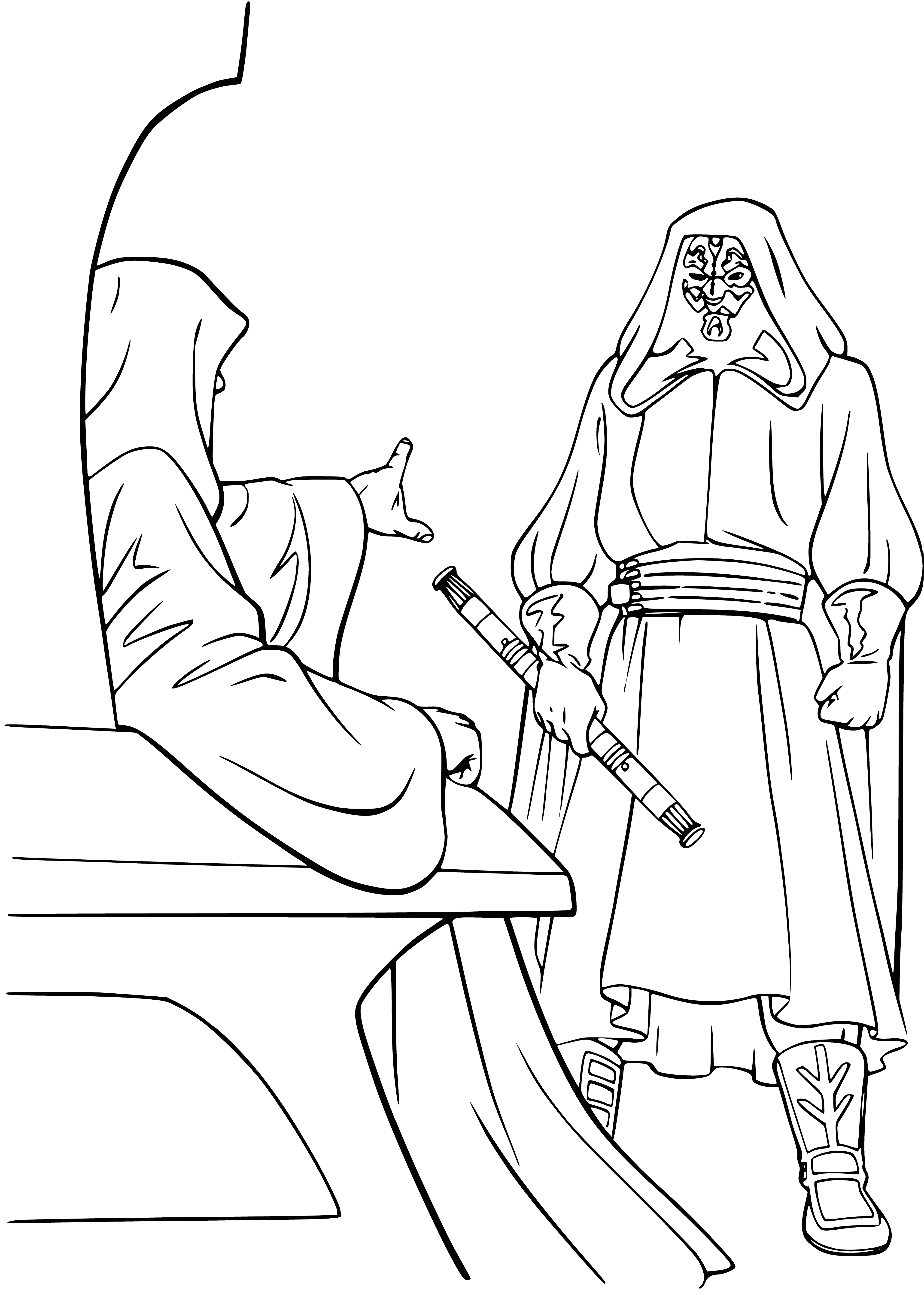 coloring page: Sidious & apprentice plan intricate strategy, rocking back & forth between the window backdrop of a planet & their menacing stares. #SithLords