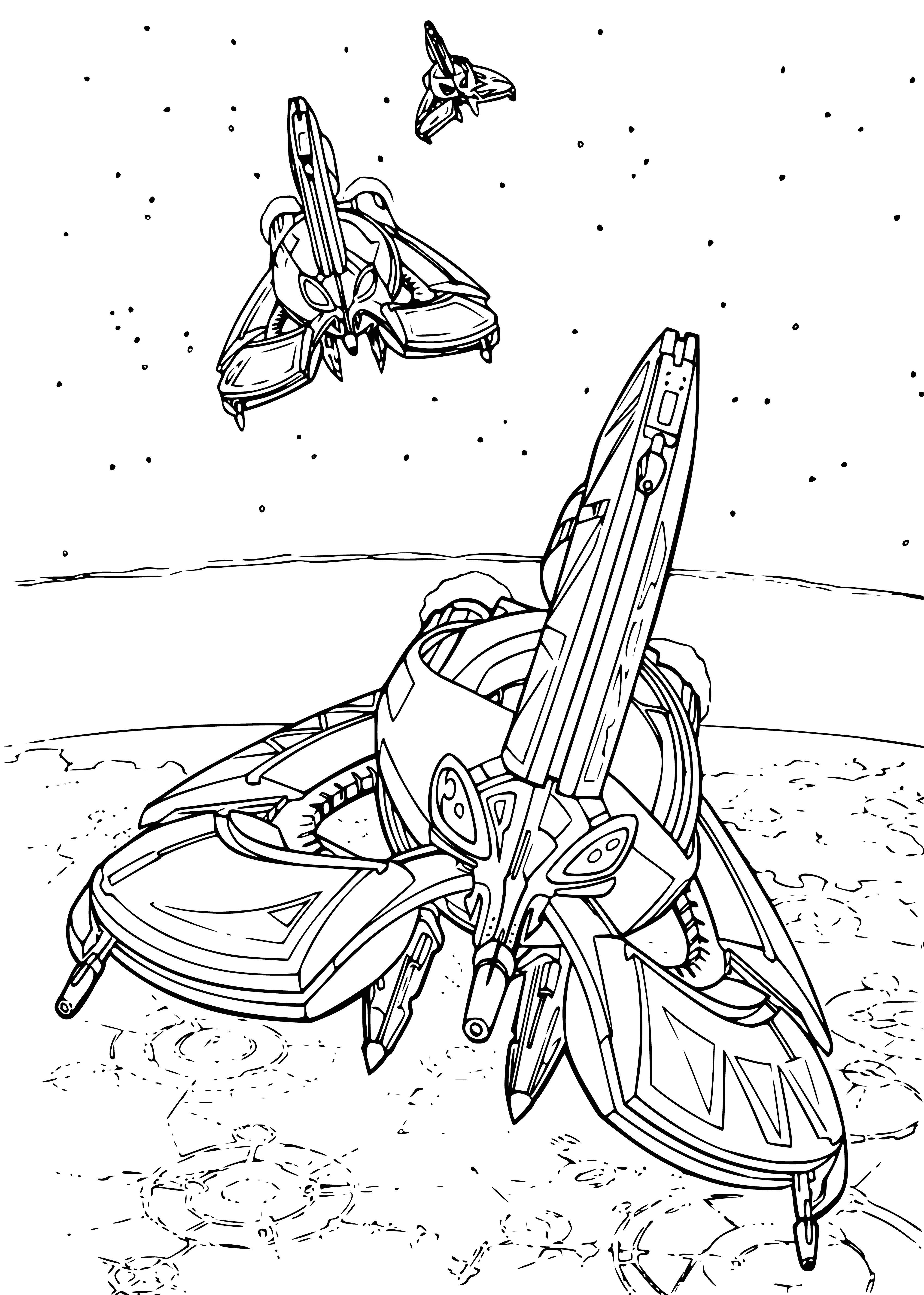 coloring page: Large, round spaceship with cylindrical body & clear cockpit canopy sits in hangar, 2 small wings, covered in panels & large round engines.