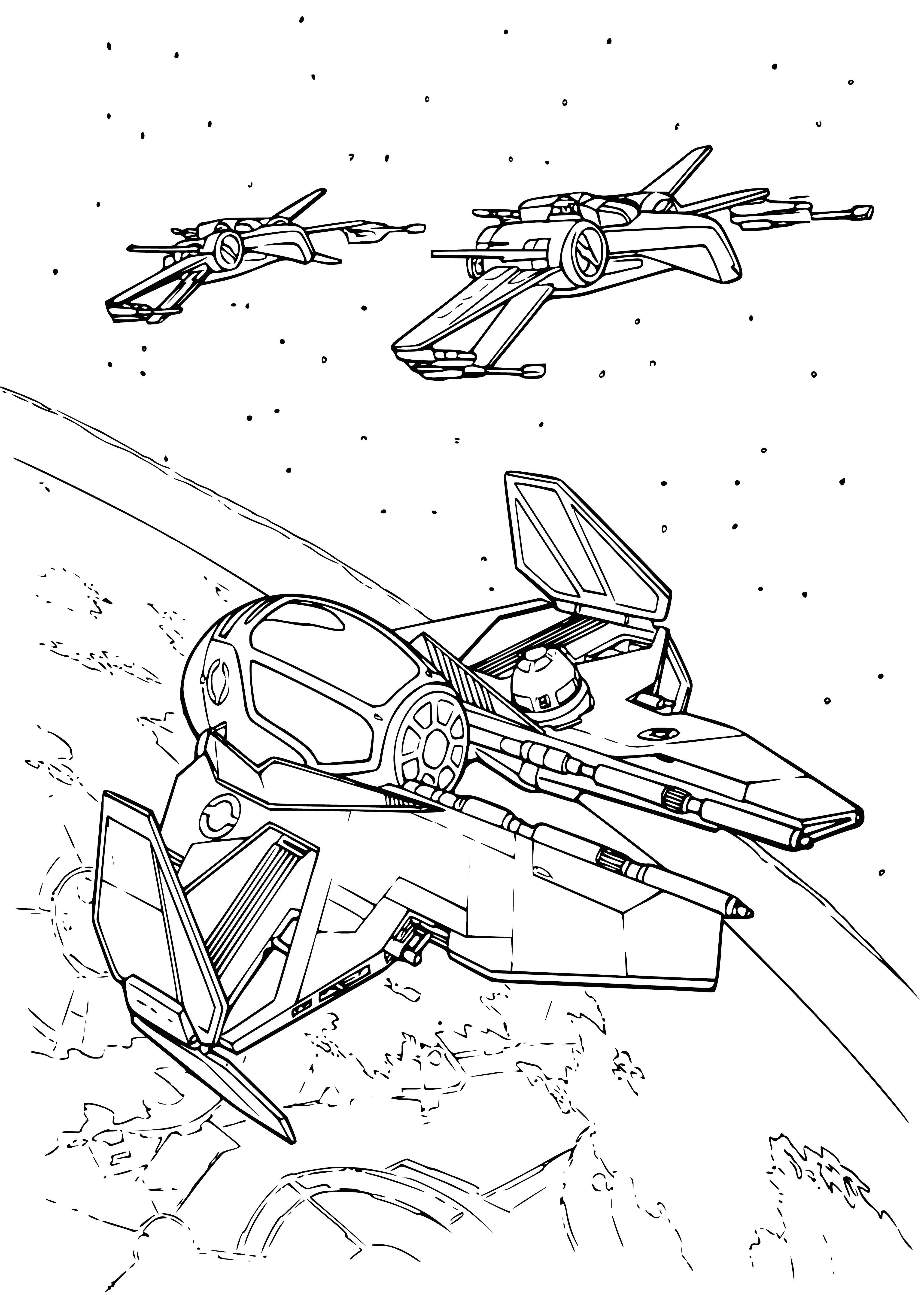 coloring page: Spaceship seen flying through space; long body, two large wings, white w/ blue stripe, small windows along the side.