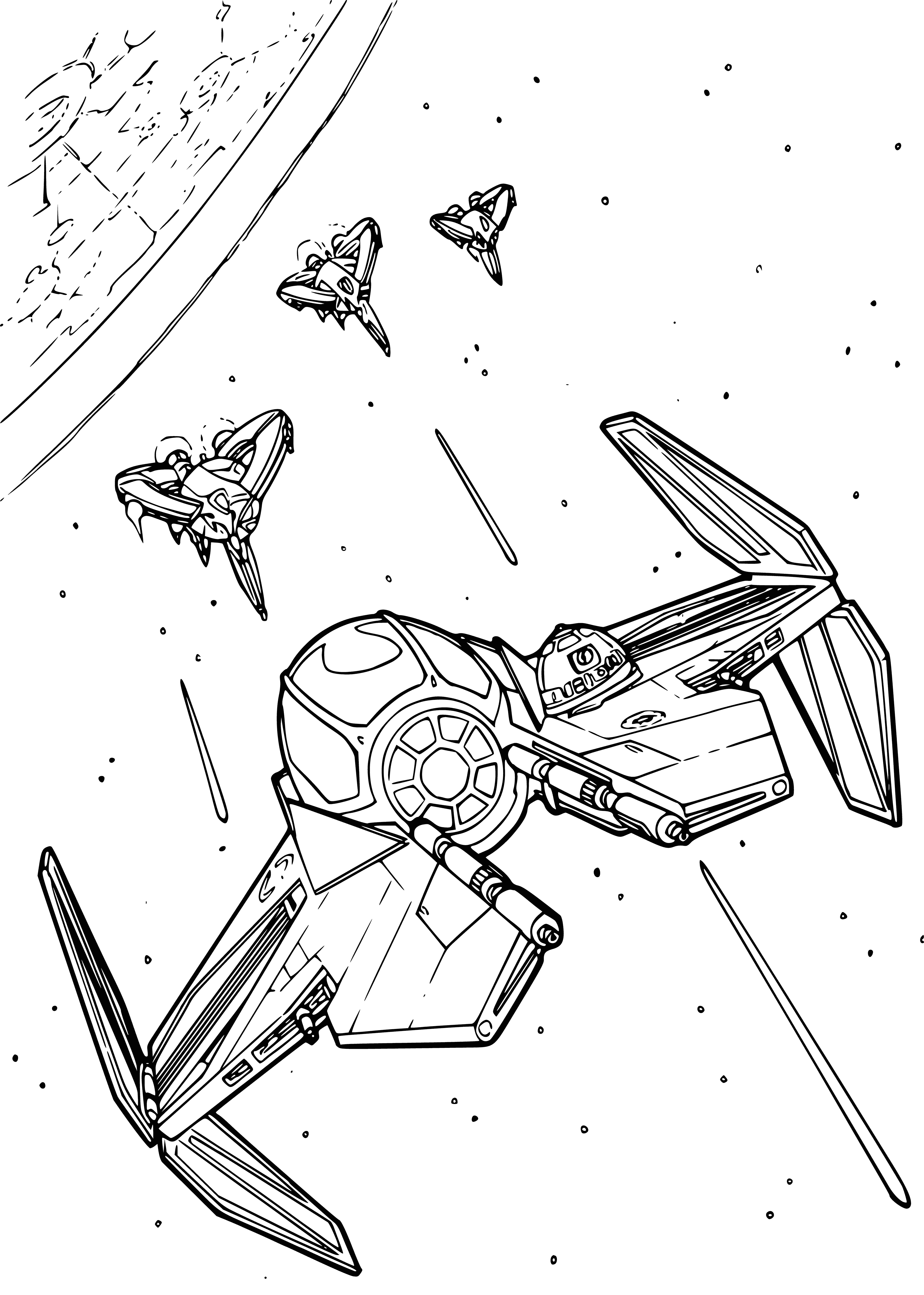 coloring page: Space battle coloring page: Two ships firing, small ships flying around, stars & planets in background.