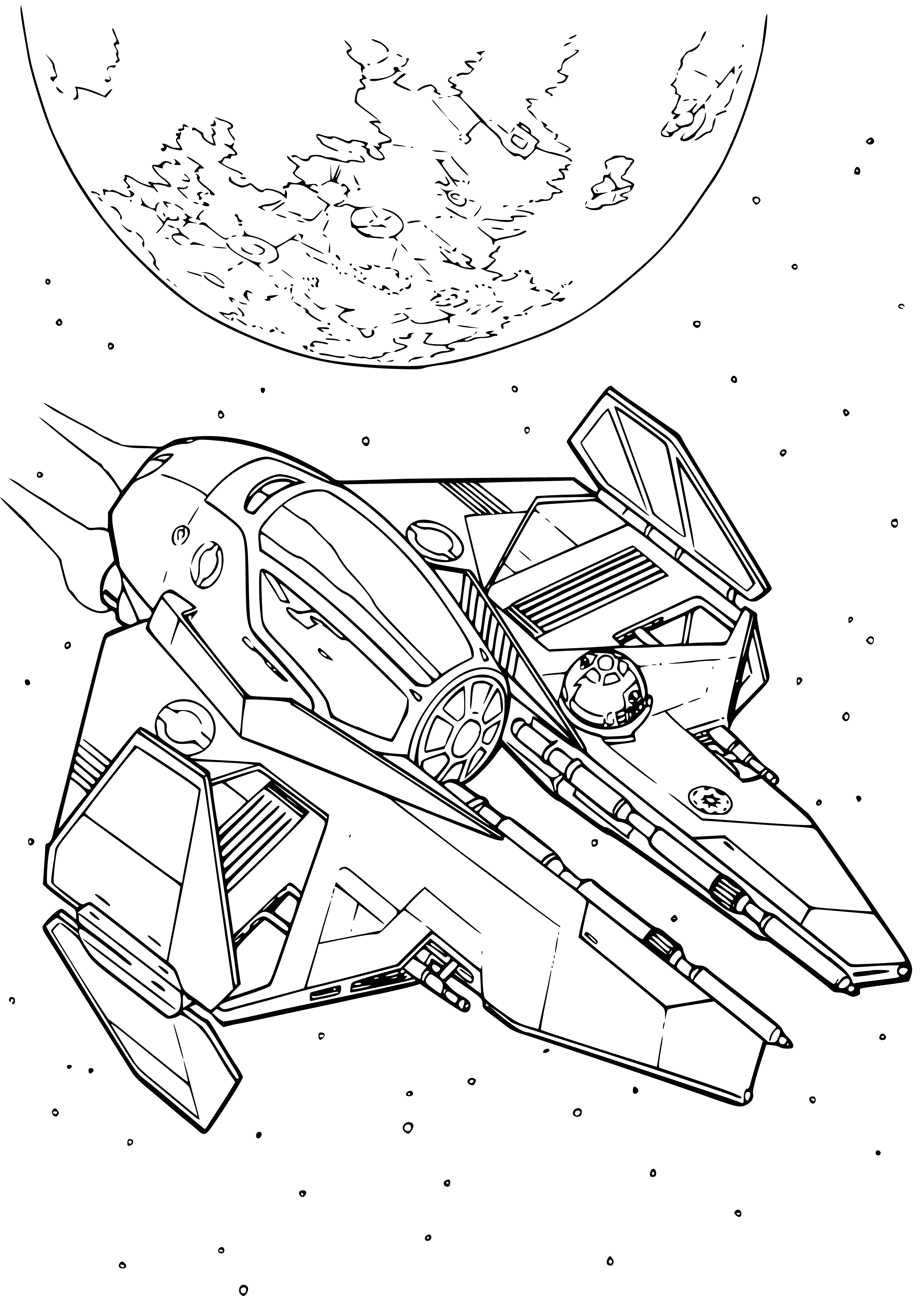 coloring page: Alien battle scene: large spaceship with small ships attacking & dazzling light in centre of page.