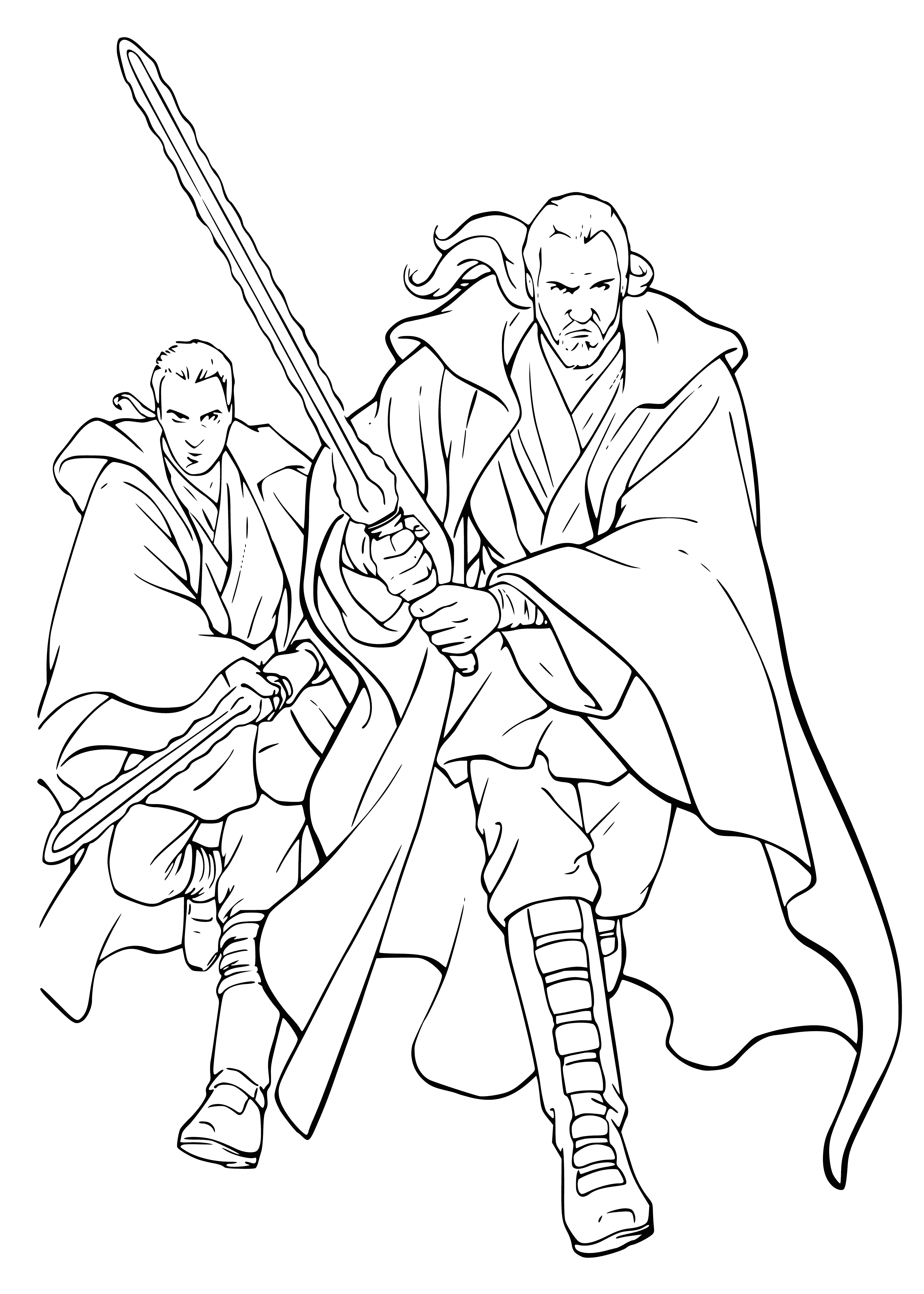 coloring page: Obi-Wan & Qui-Gon battle Darth Maul. Qui-Gon defending with lightsaber while Obi-Wan stands ready to aid. Darth Maul attacks with double-bladed lightsaber.
