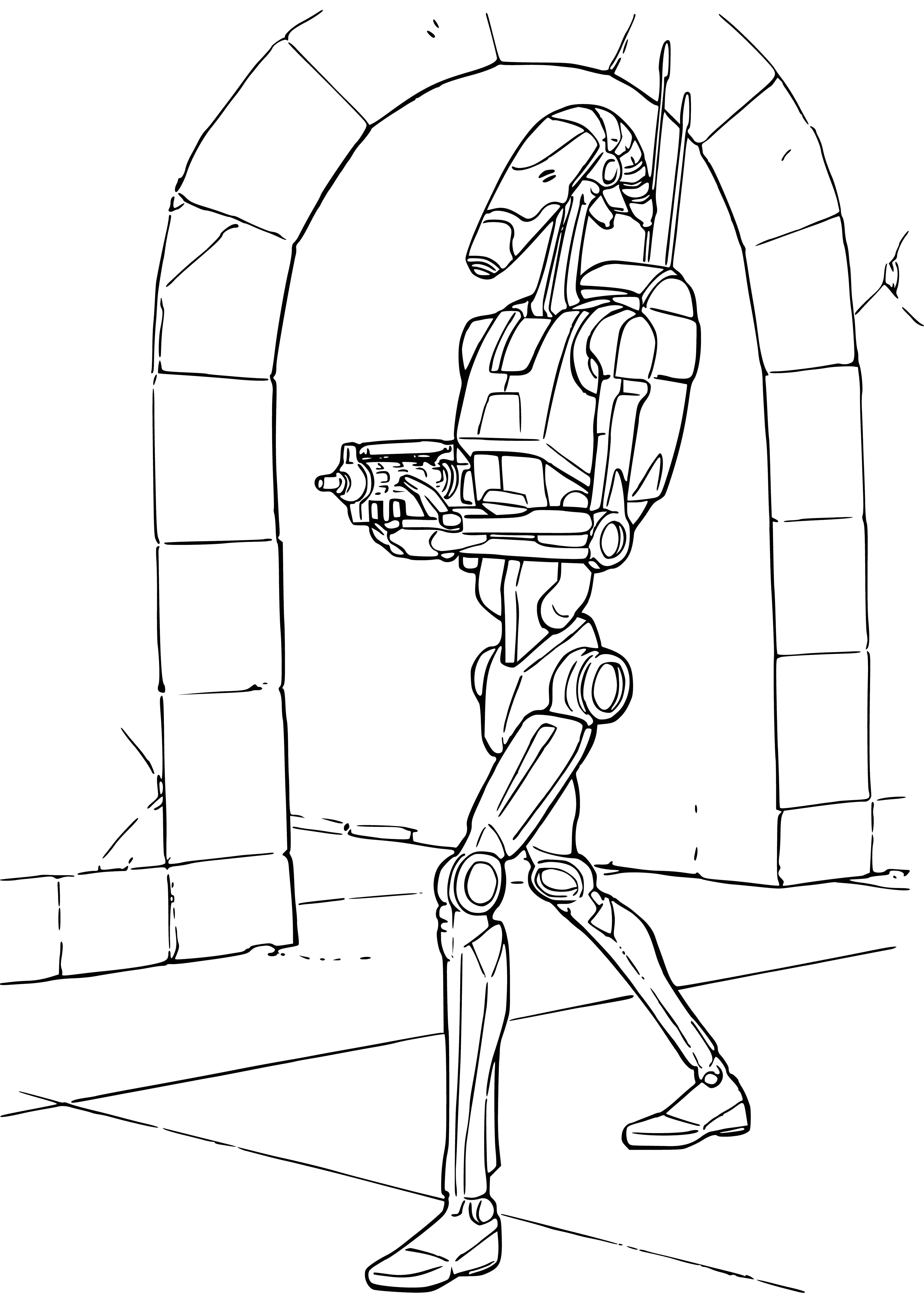 coloring page: People gaze in awe at large battle android; humanoid in shape, mostly silver w/black accents. Weapons include sword, blaster, & grenade launcher.
