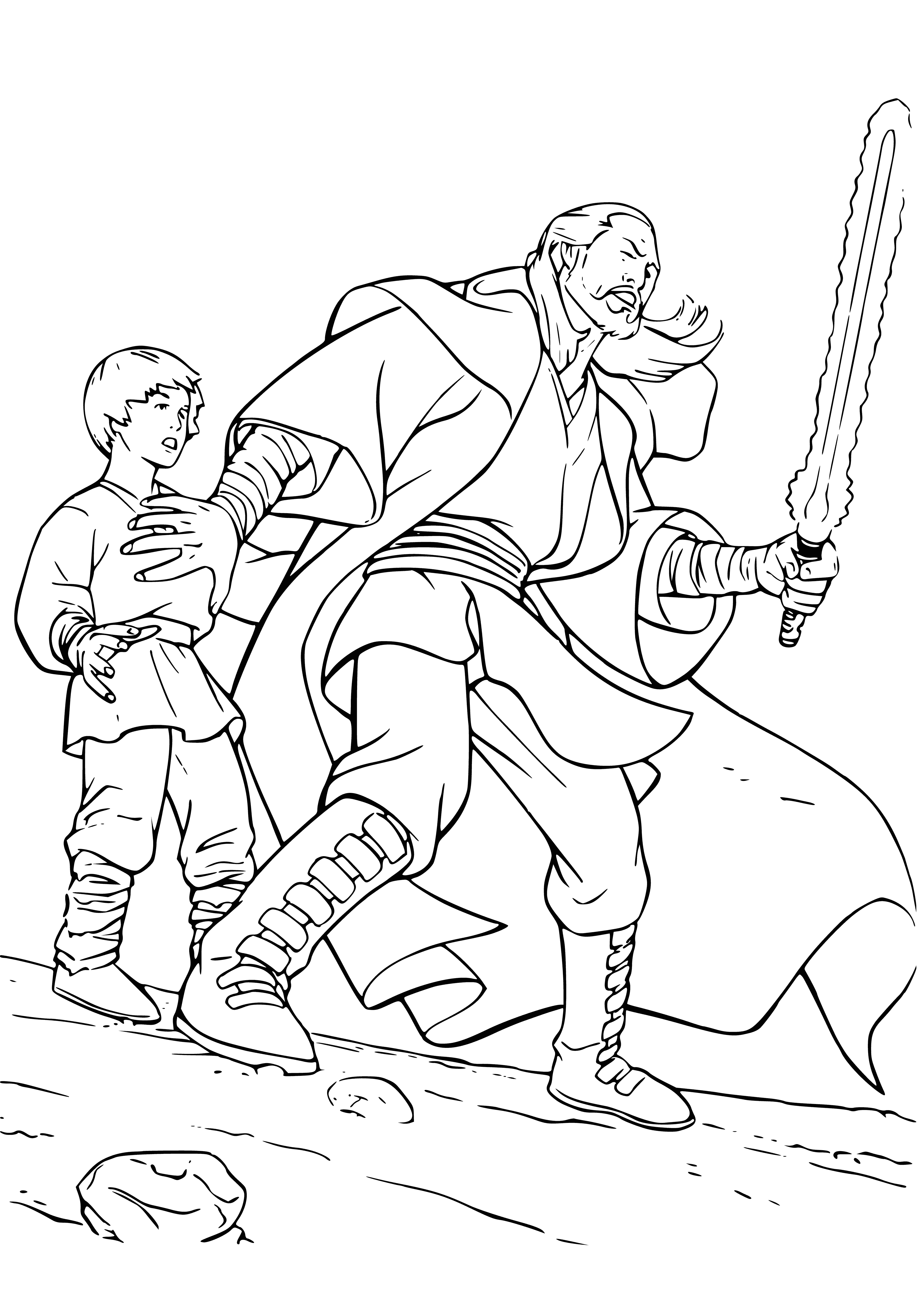 coloring page: Man in brown robe and light scarf wields blue lightsaber with boy, droid nearby. Boy wears white shirt, brown pants. Droid black and white. #StarWars