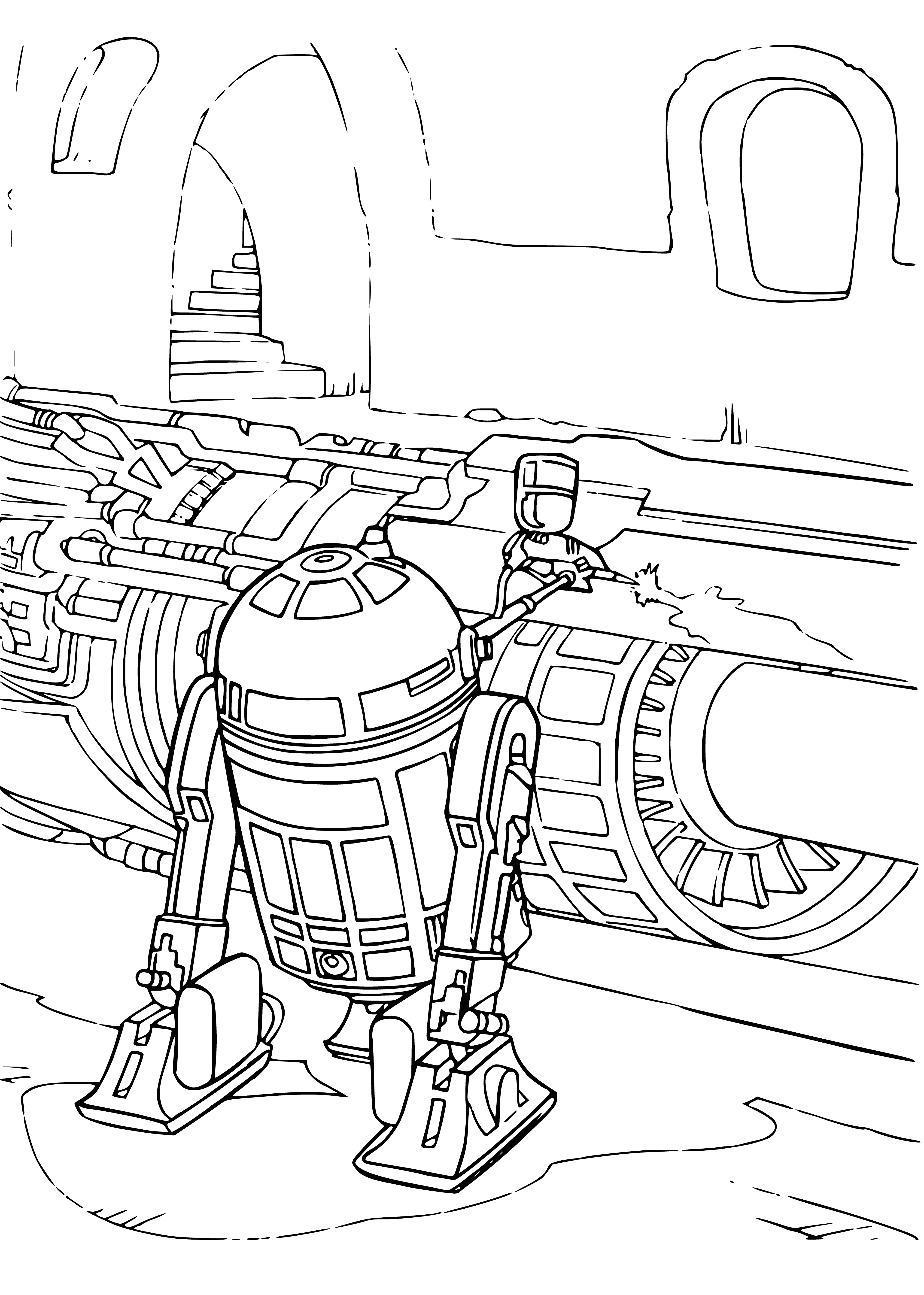 coloring page: Robot from Star Wars universe: R2-D2; round body, dome-shaped head; blue, white, red & green accents. Red & green eye, green panel on head.