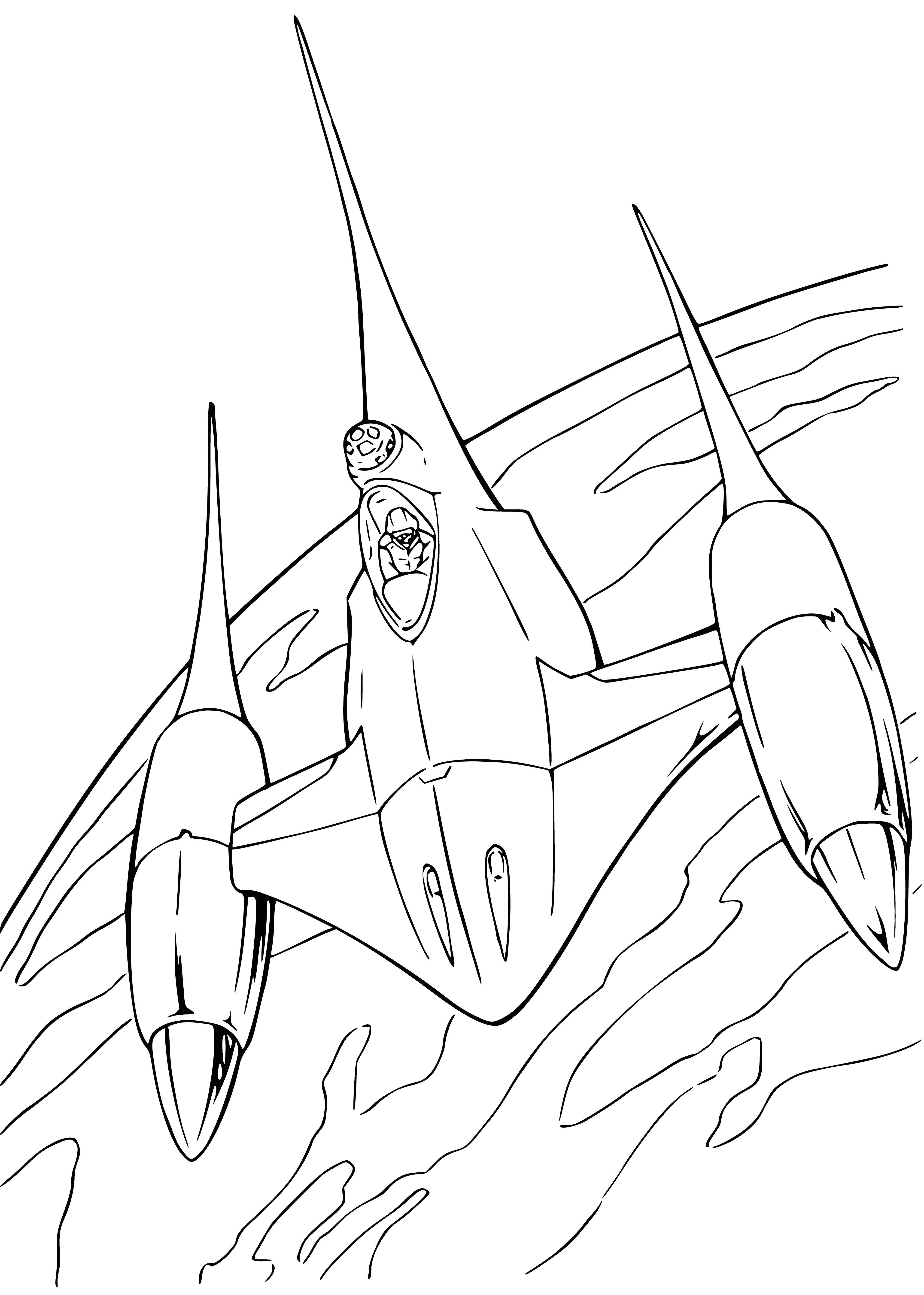 coloring page: A large silver spaceship zooms through a dark starry sky; pointy panels, four engines & small round windows adorn its surface.