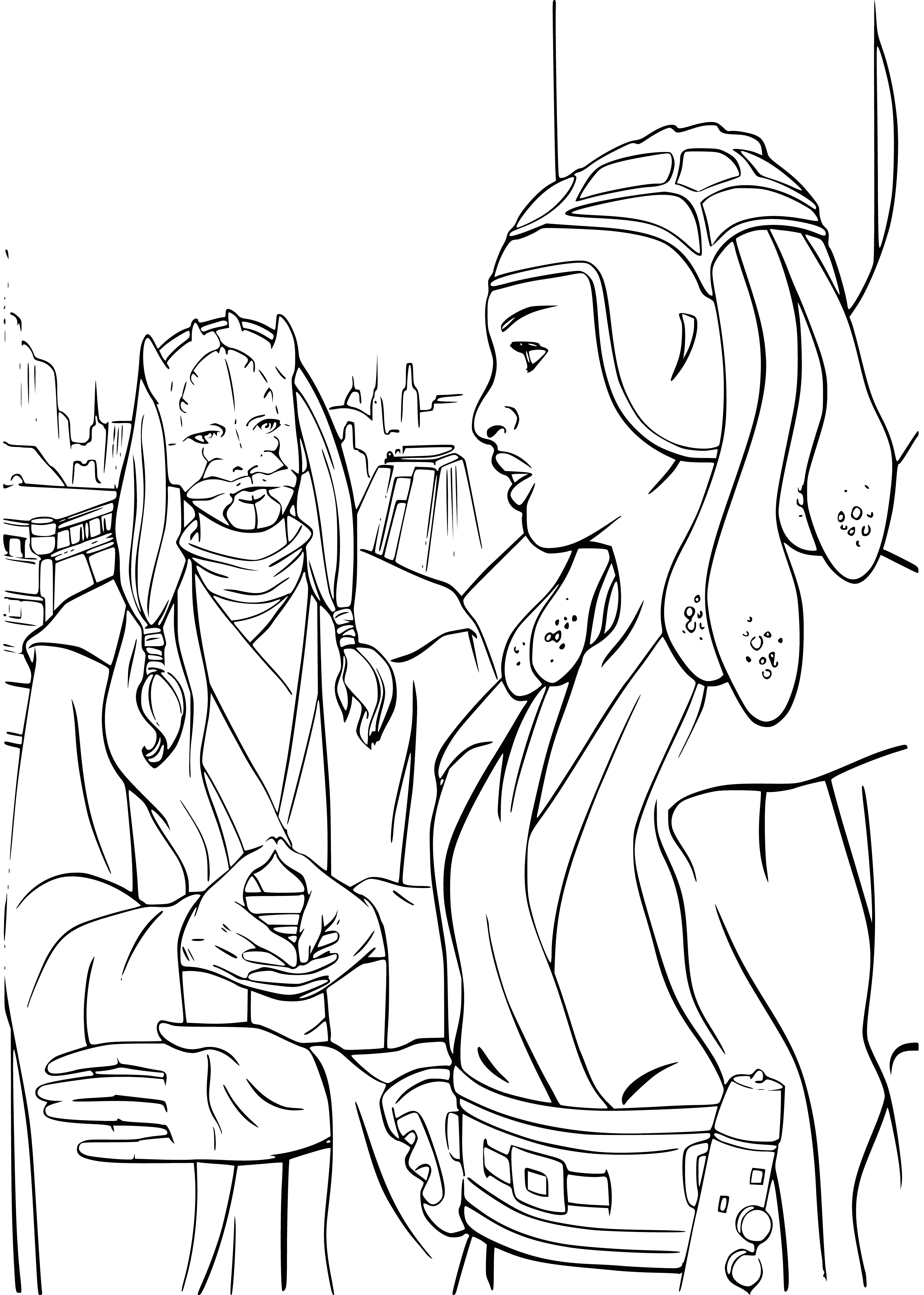 coloring page: Jedi Qui-Gon and Obi-Wan protect Queen Amidala and discover Anakin Skywalker on Tatooine. Darth Maul engages them in a lightsaber battle that ends with him nearly dead. Anakin is chosen to be trained as a Jedi.