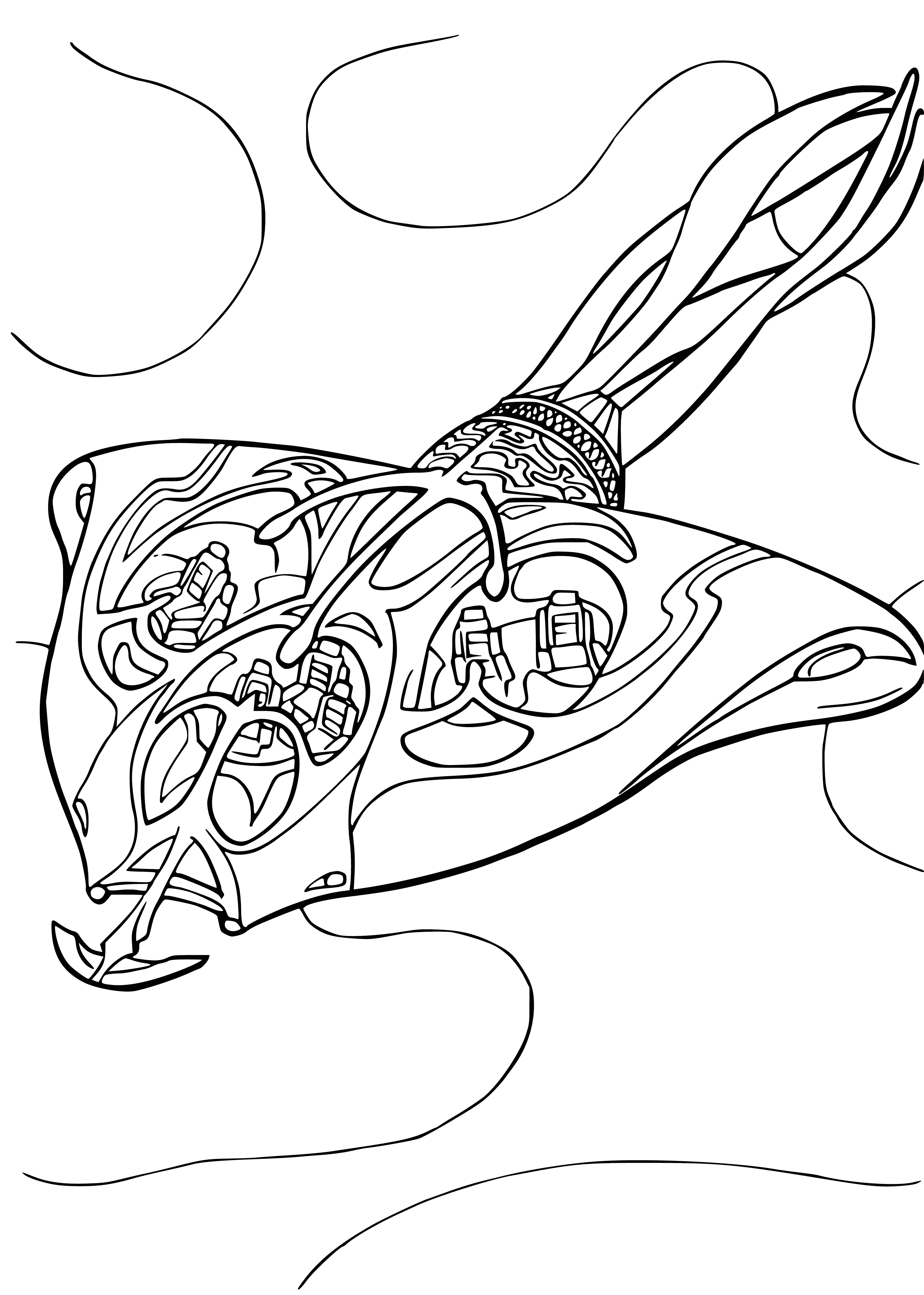coloring page: Small ship sails through an underwater cave, billowing sails & glowing blue light ahead.