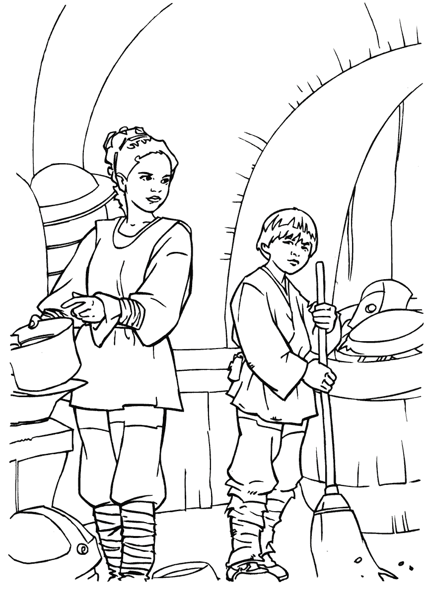 coloring page: Padmé and Ani stare at each other, both with one hand on a table and one hand behind their backs.