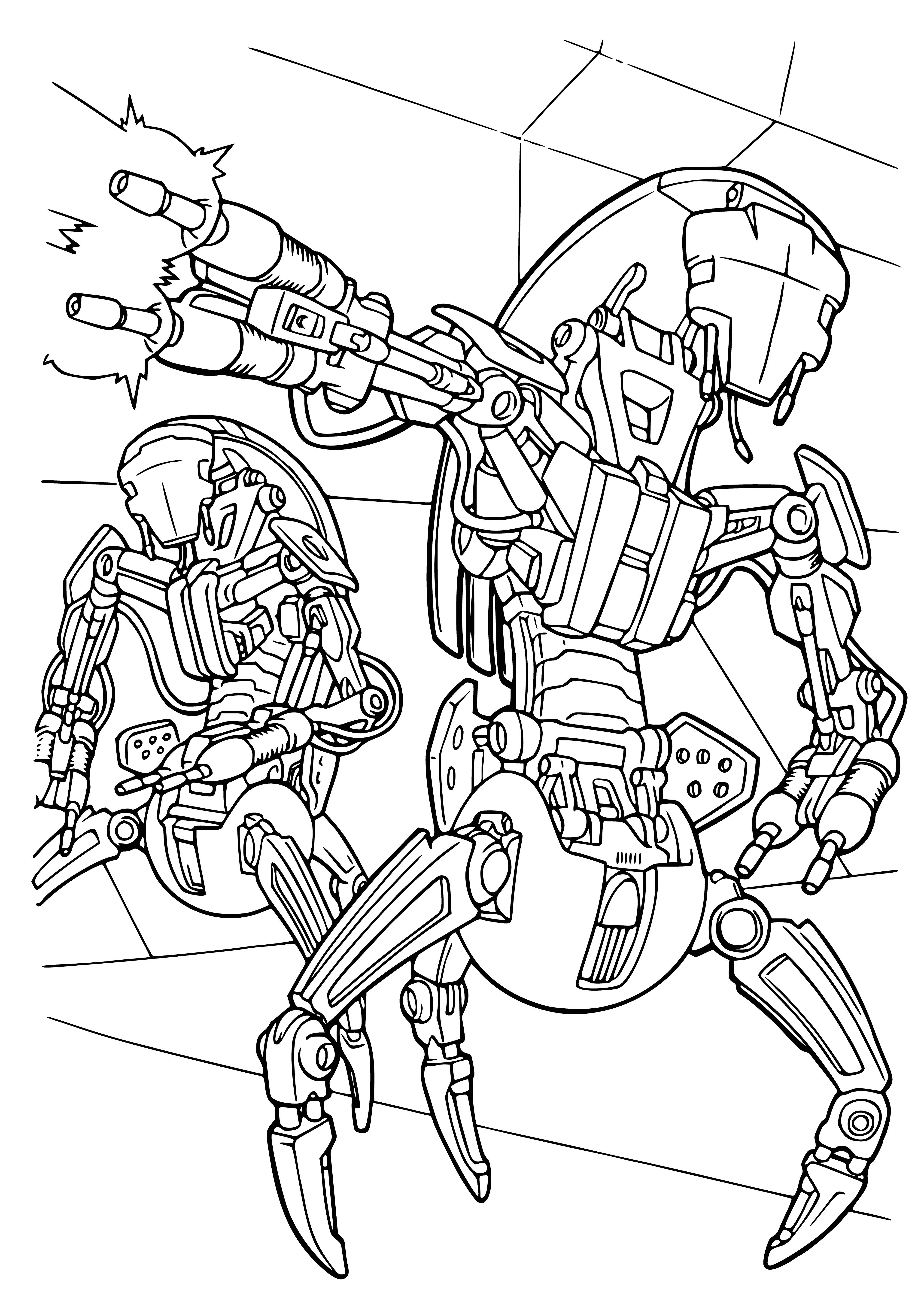 coloring page: Droid part of Trade Federation army with guns on arms, tall and intimidating.