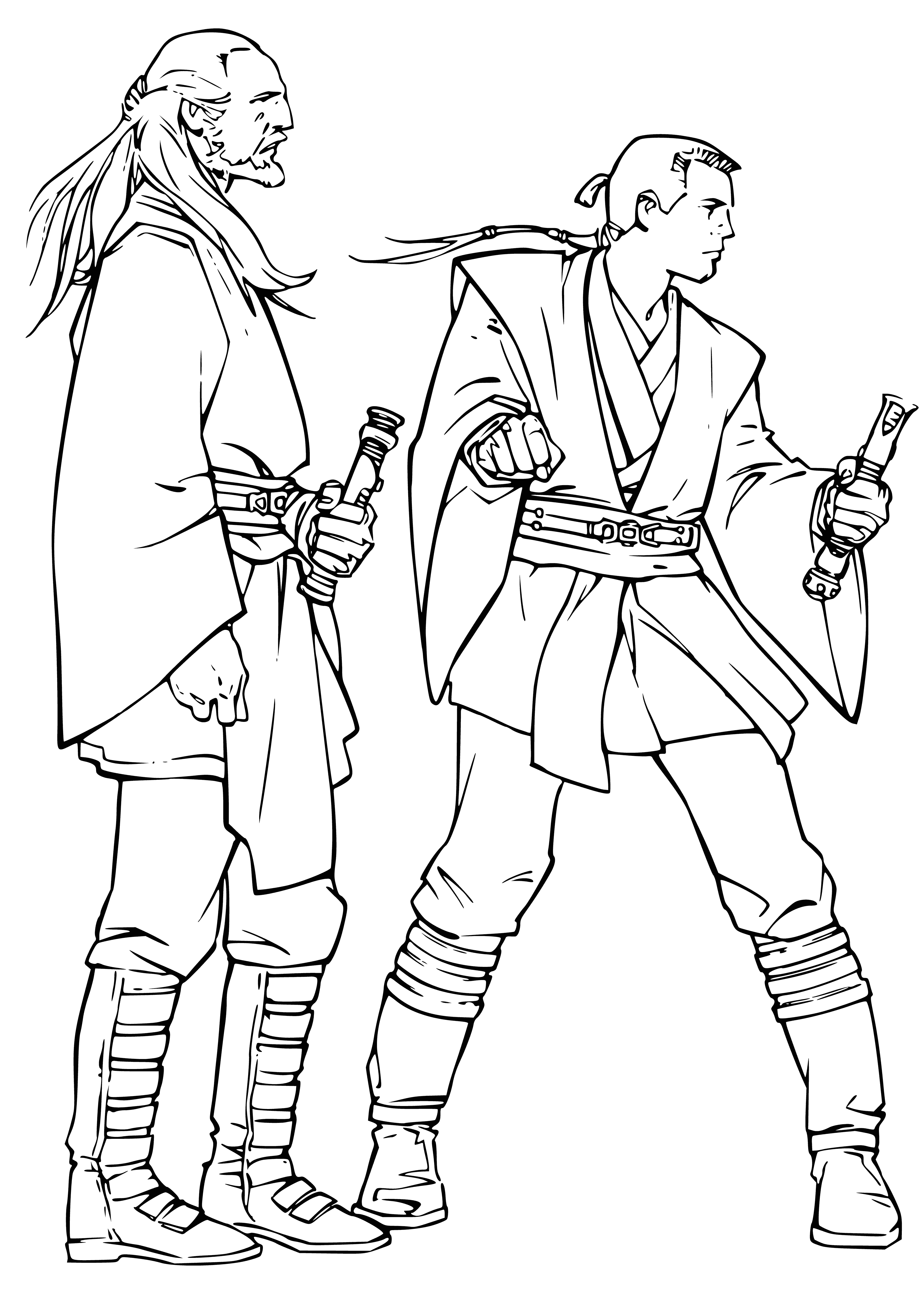 coloring page: Two men wearing white and brown, holding lightsabers - Darth Maul - are in the coloring page.